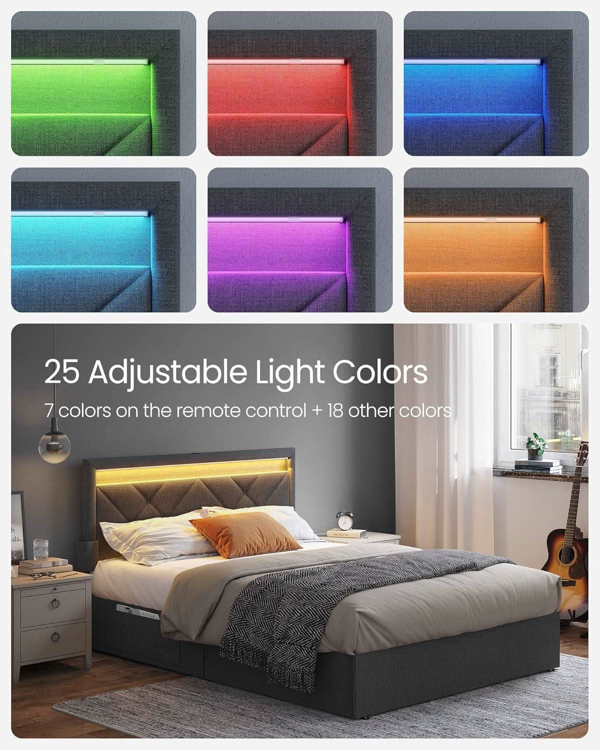 Illuminated Full Size Bed Frame With USB C Ports Headboard