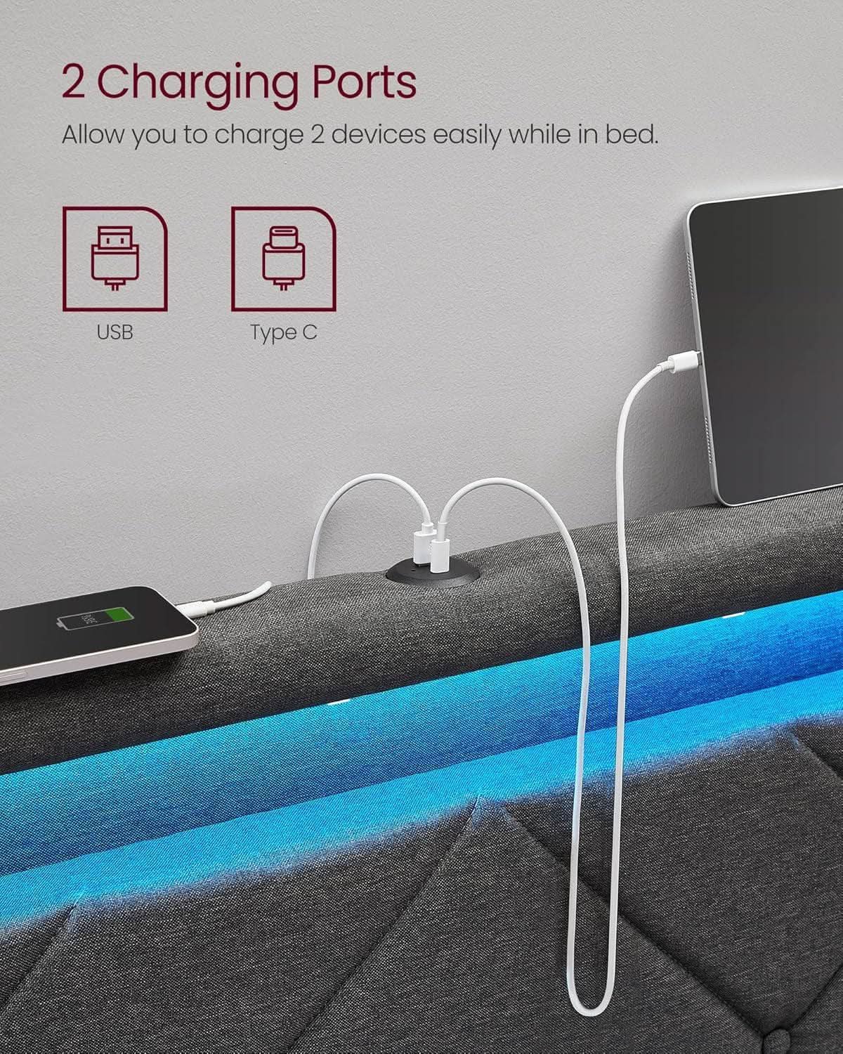 Illuminated Full Size Bed Frame With USB C Ports Headboard