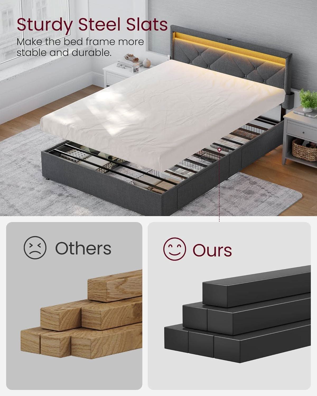 Illuminated Full Size Bed Frame With USB C Ports Headboard