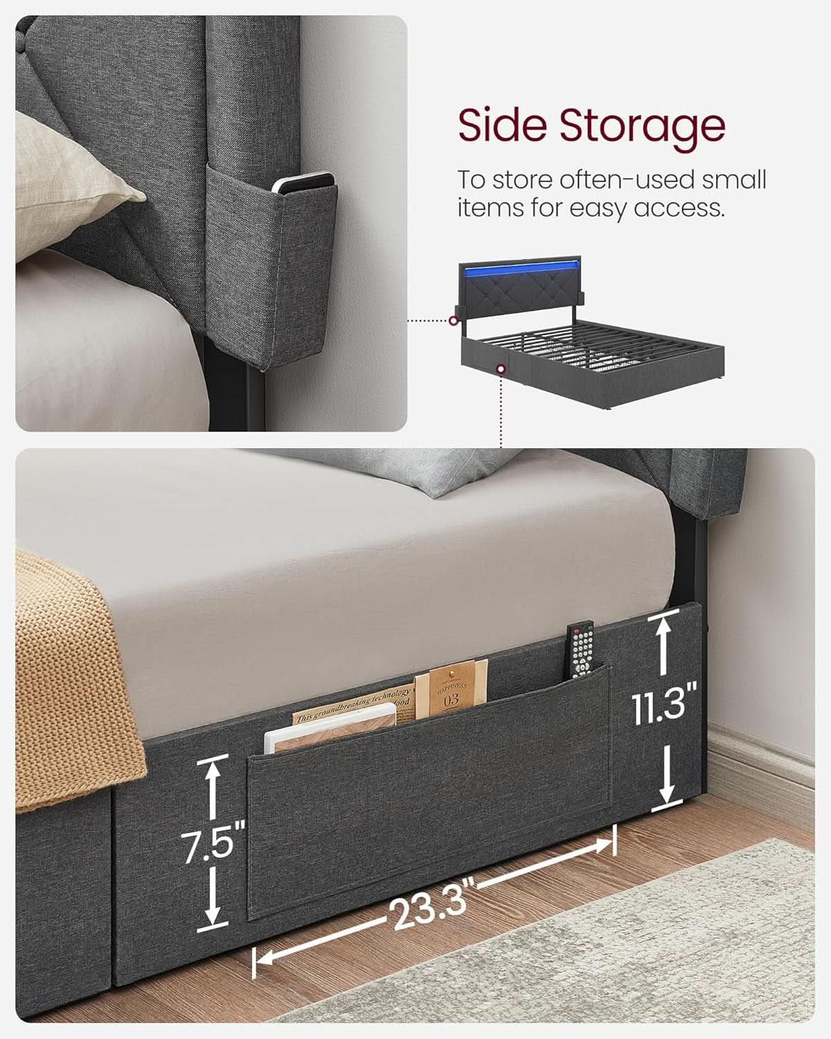 Illuminated Full Size Bed Frame With USB C Ports Headboard