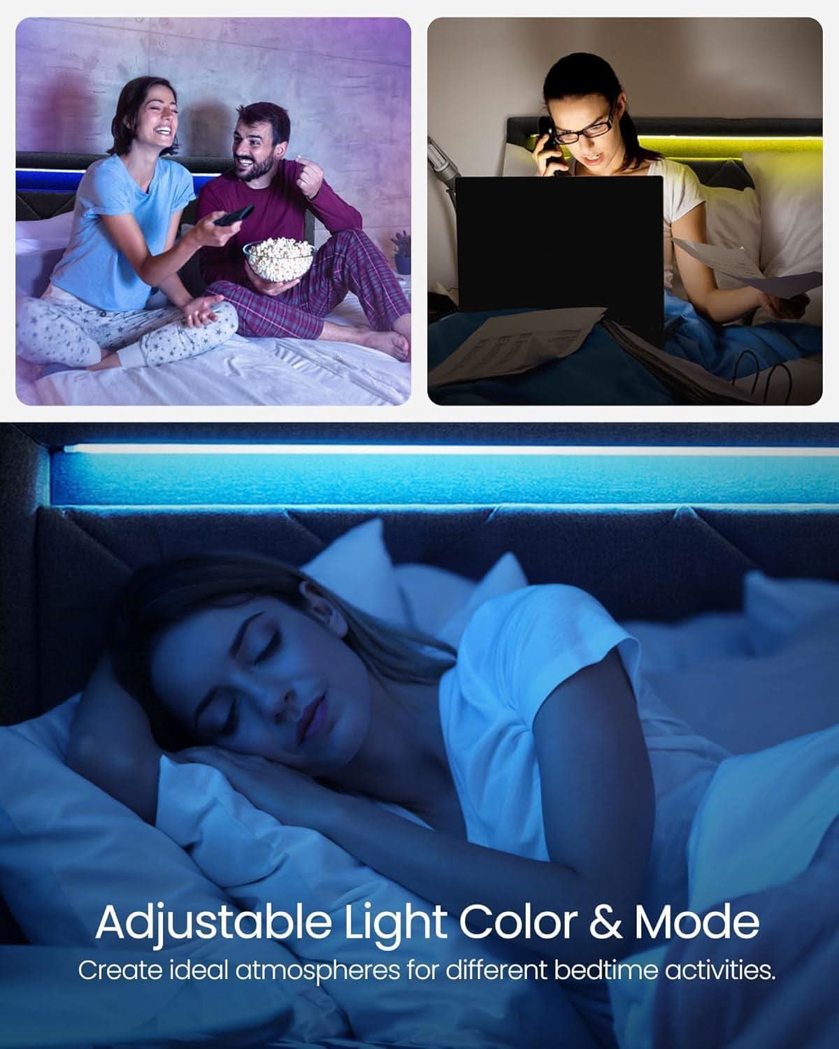 Illuminated Full Size Bed Frame With USB C Ports Headboard