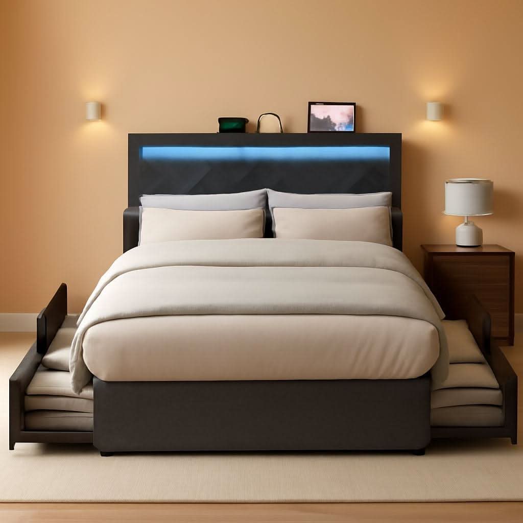 Illuminated Full Size Bed Frame With USB C Ports Headboard