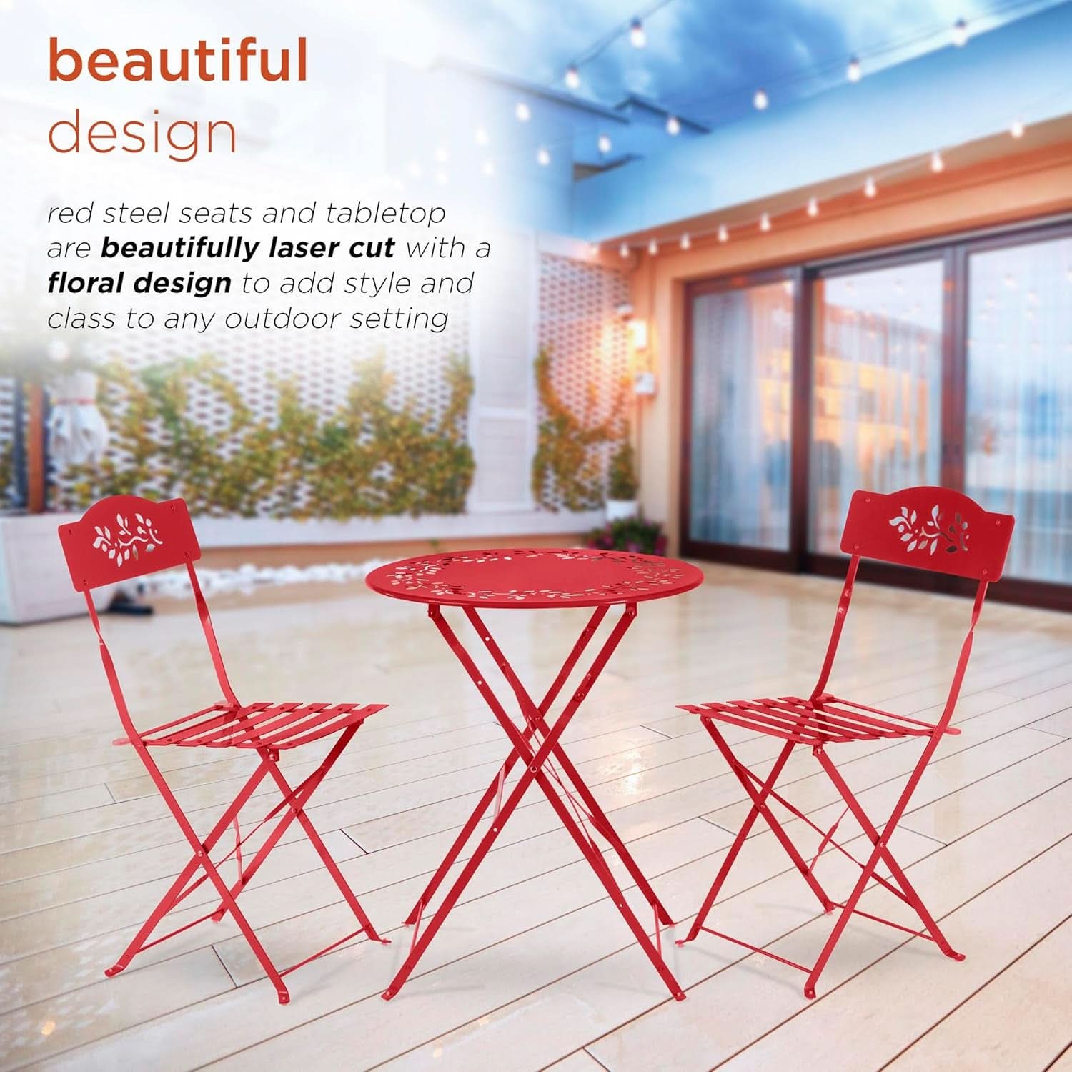 Indoor Outdoor 3 Piece Folding Bistro Set Red Table Chairs