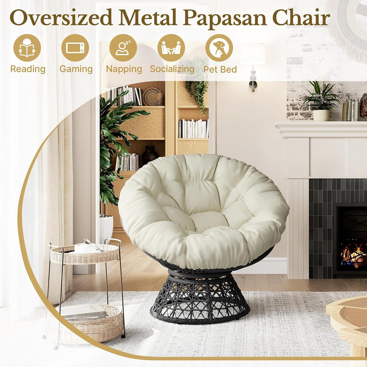 Indoor Papasan Chair With Beige Cushions And Swivel