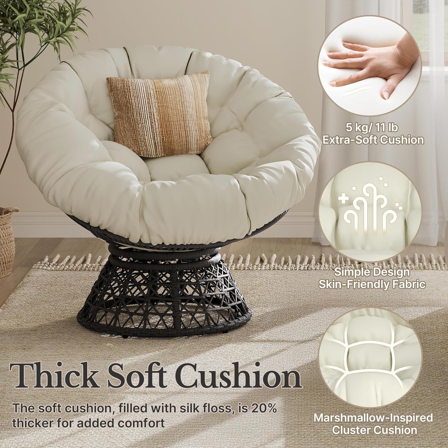 Indoor Papasan Chair With Beige Cushions And Swivel