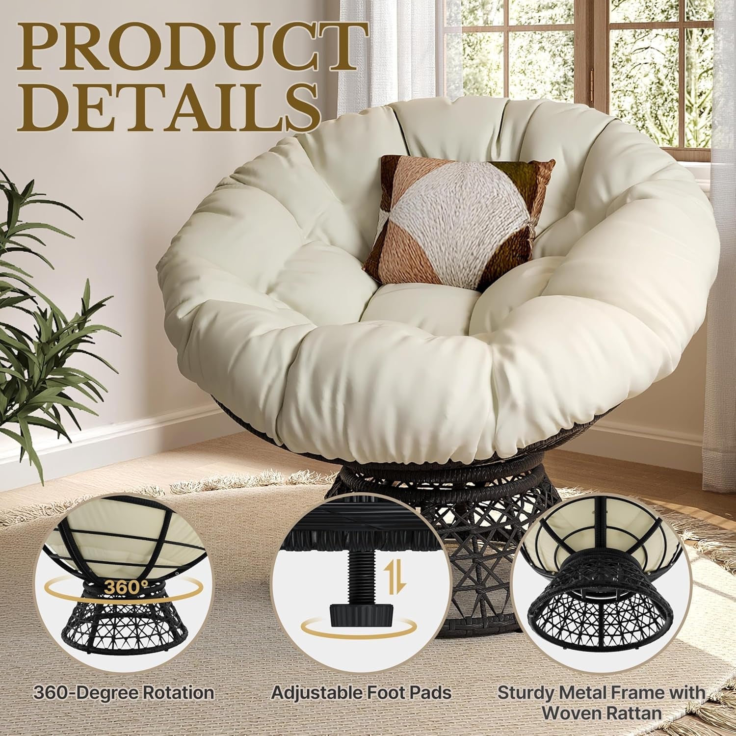 Indoor Papasan Chair With Beige Cushions And Swivel