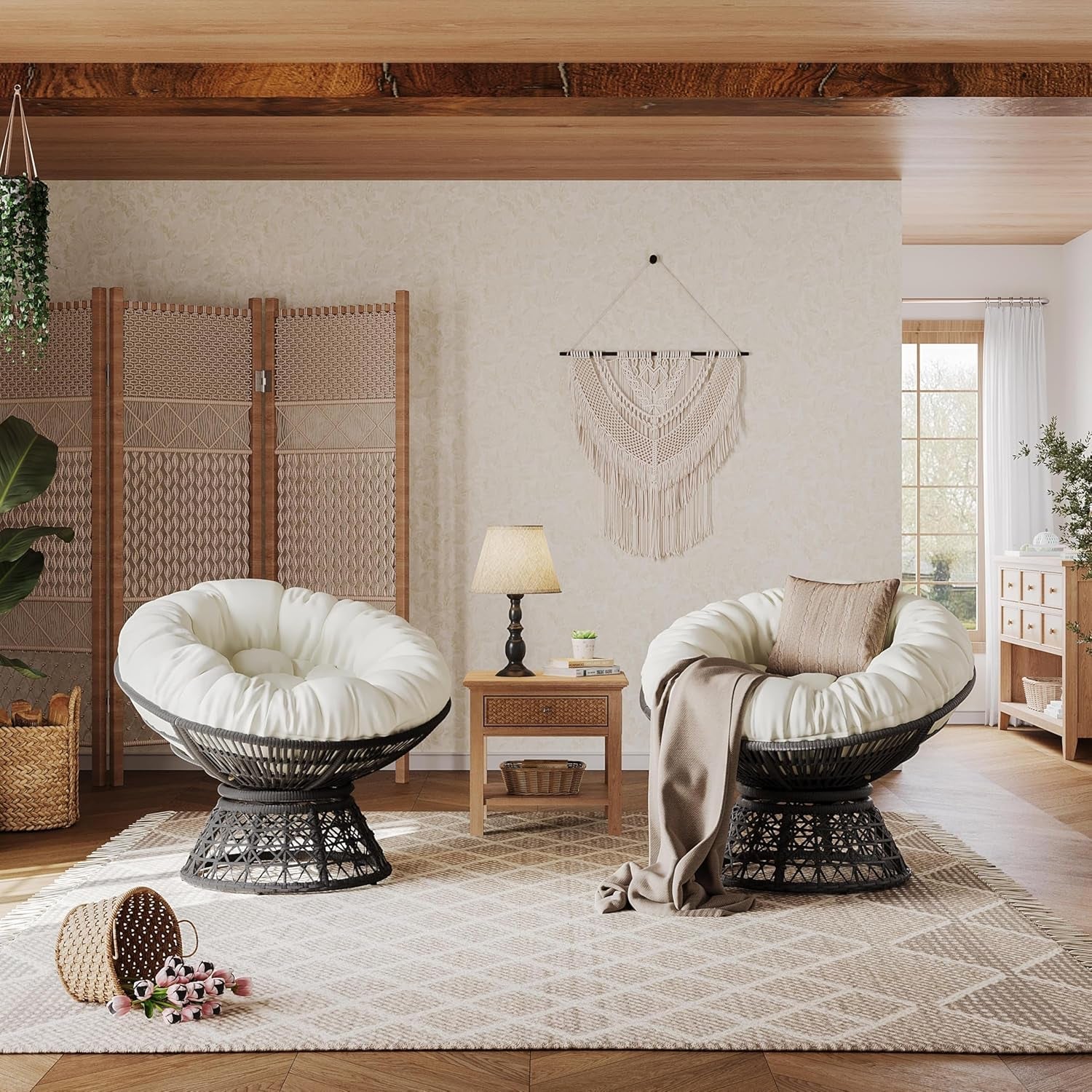 Indoor Papasan Chair With Beige Cushions And Swivel