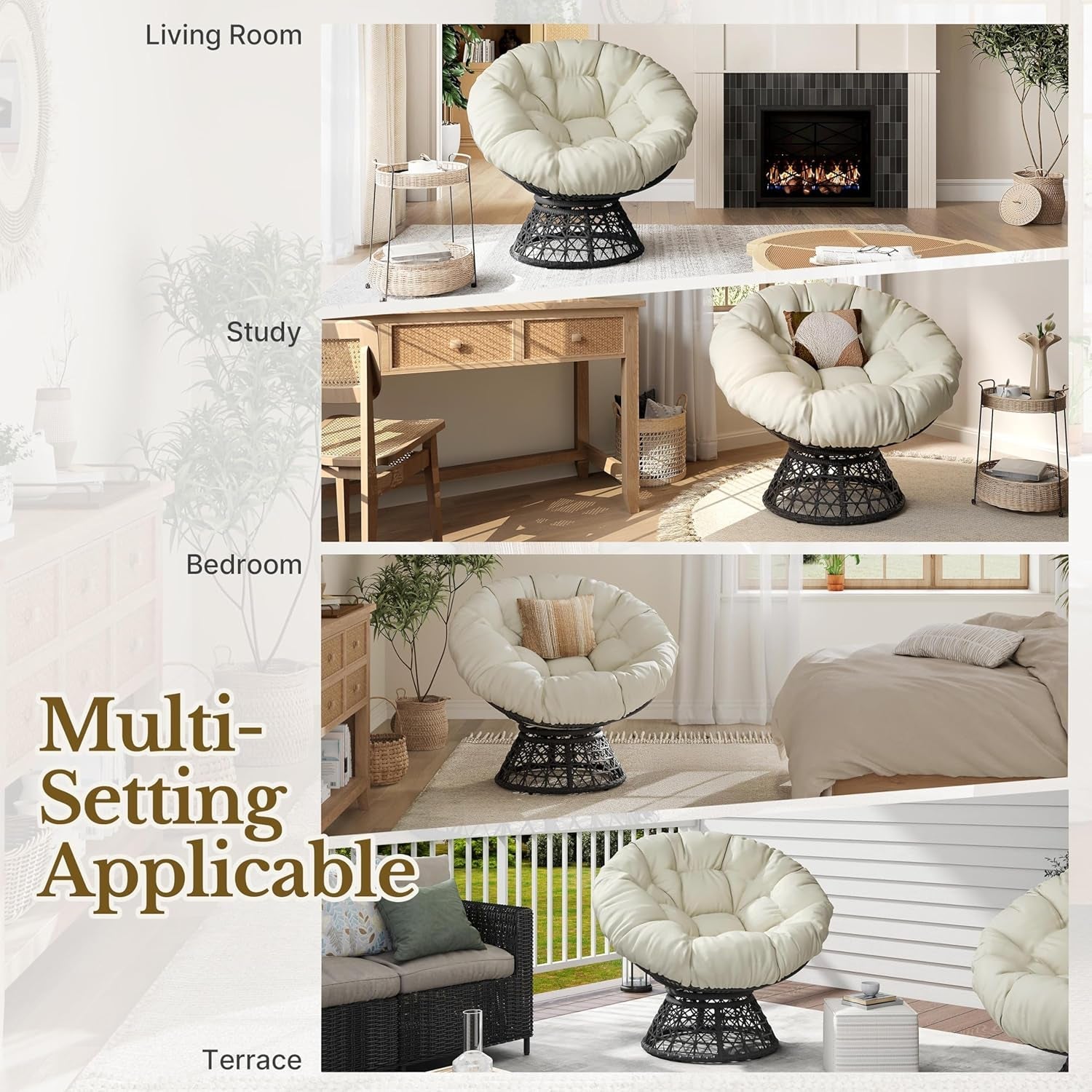 Indoor Papasan Chair With Beige Cushions And Swivel