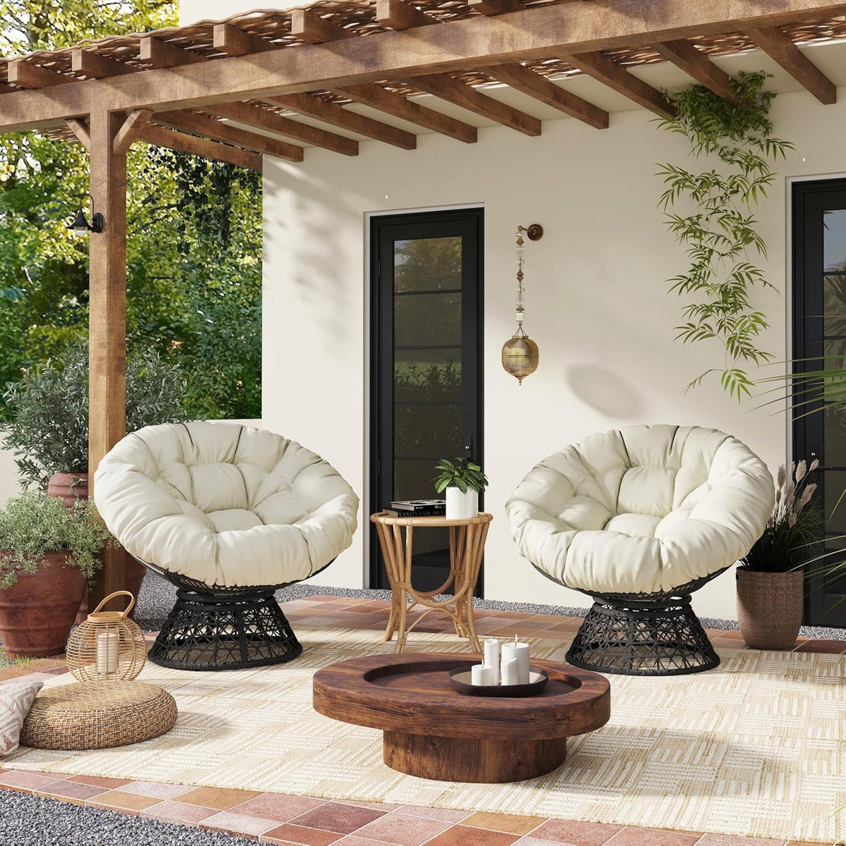 Indoor Papasan Chair With Beige Cushions And Swivel