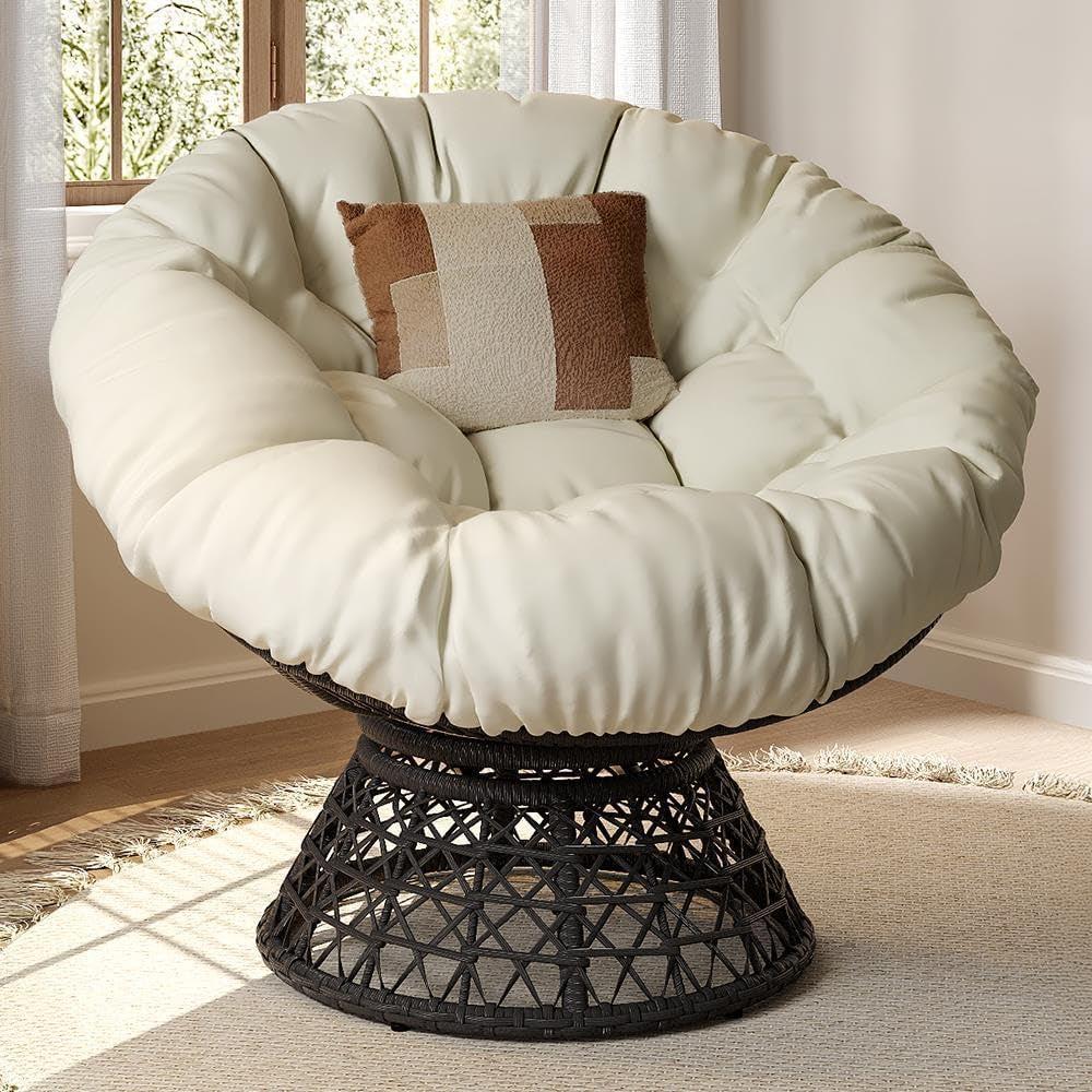 Indoor Papasan Chair With Beige Cushions And Swivel