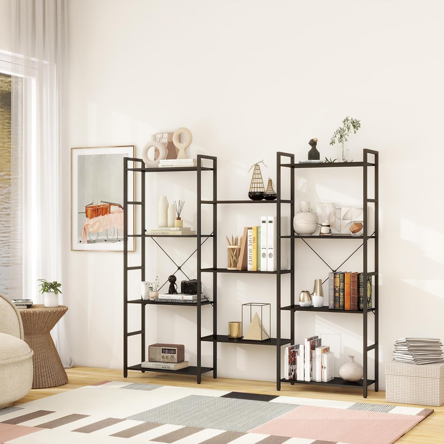 Industrial 4 Tier Bookshelf Black Living Room Home Office