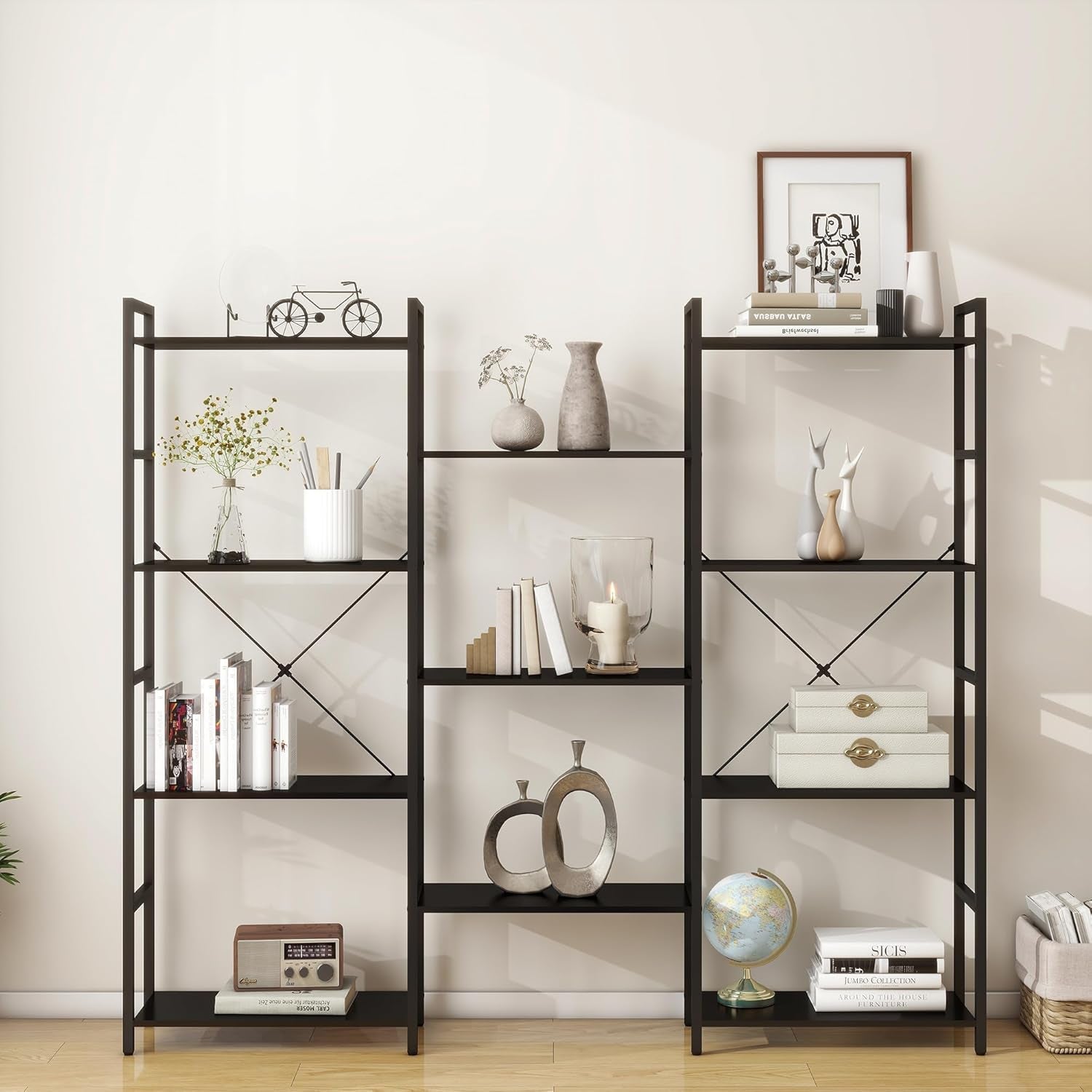 Industrial 4 Tier Bookshelf Black Living Room Home Office