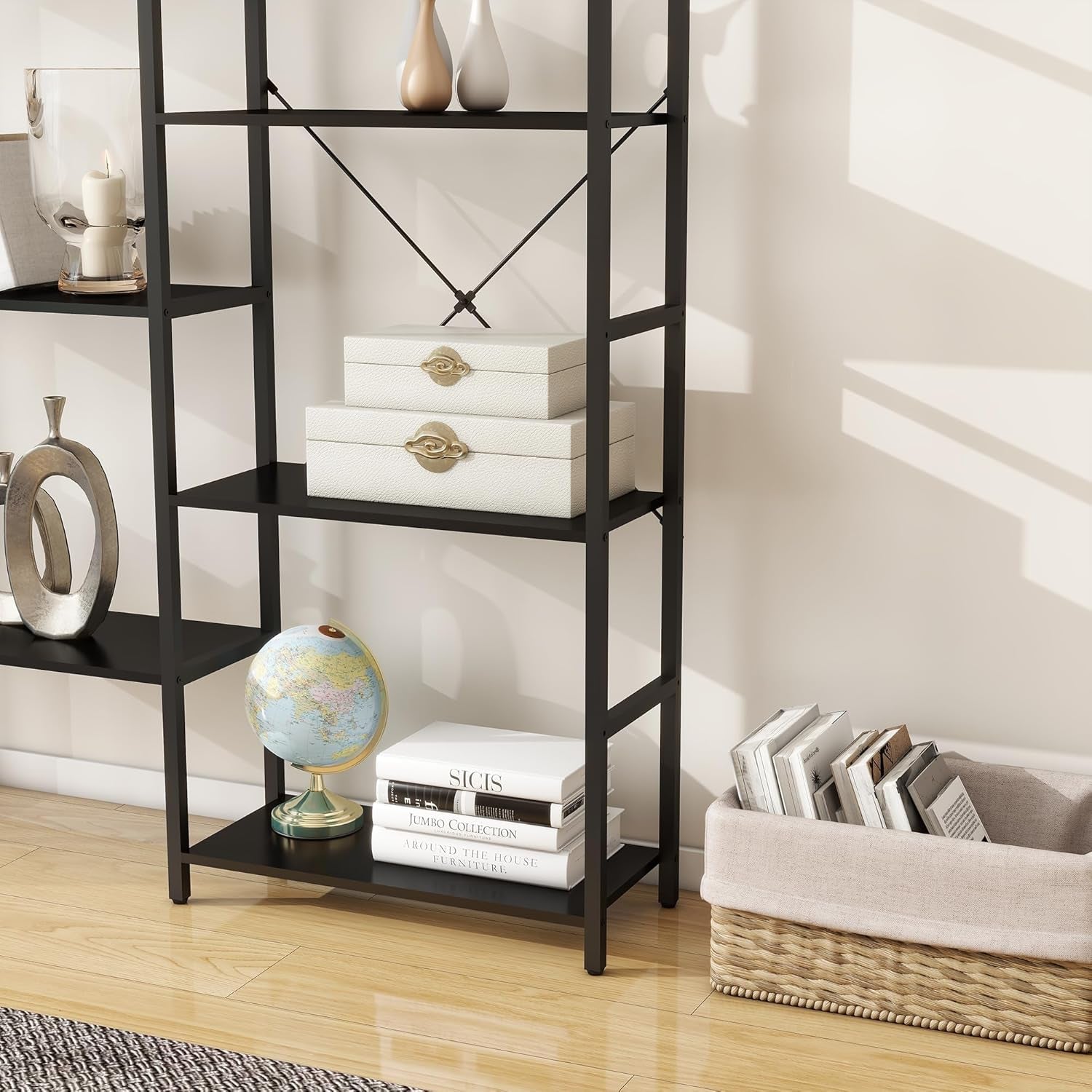 Industrial 4 Tier Bookshelf Black Living Room Home Office