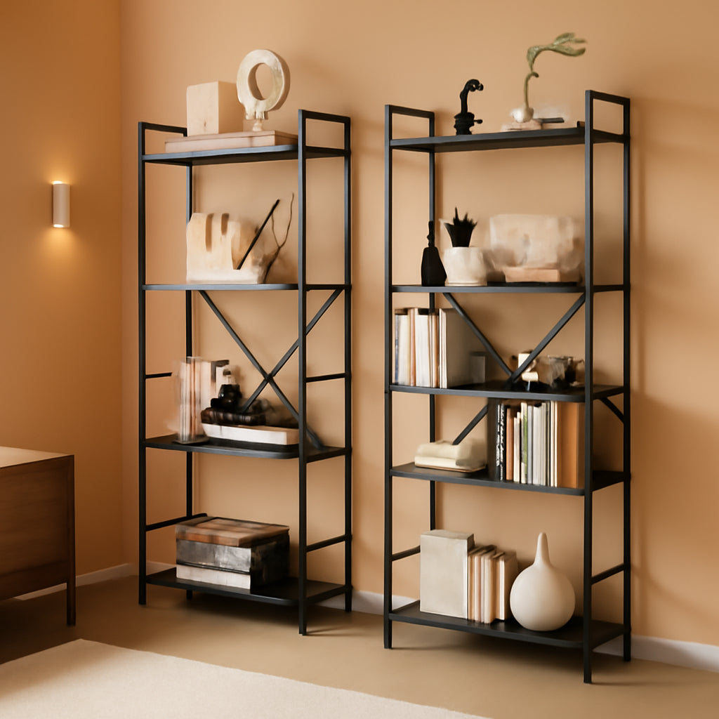 Industrial 4 Tier Bookshelf Black Living Room Home Office