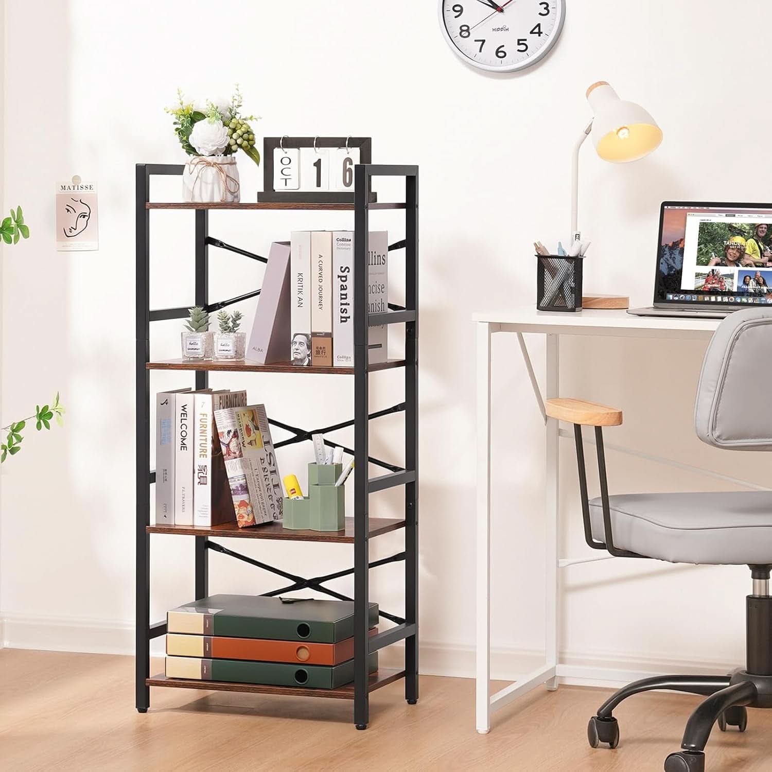 Industrial 4 Tier Narrow Bookcase Berry Brown Space Saving