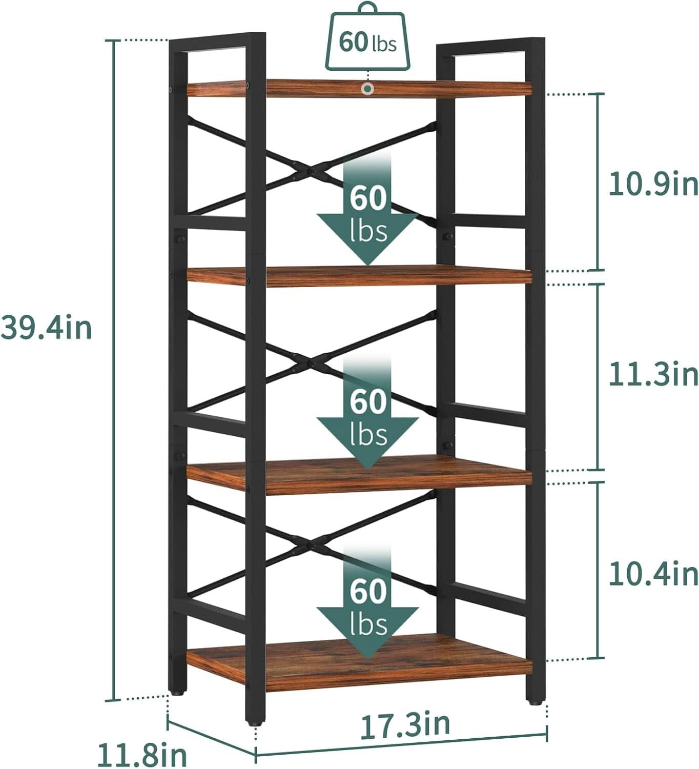 Industrial 4 Tier Narrow Bookcase Berry Brown Space Saving