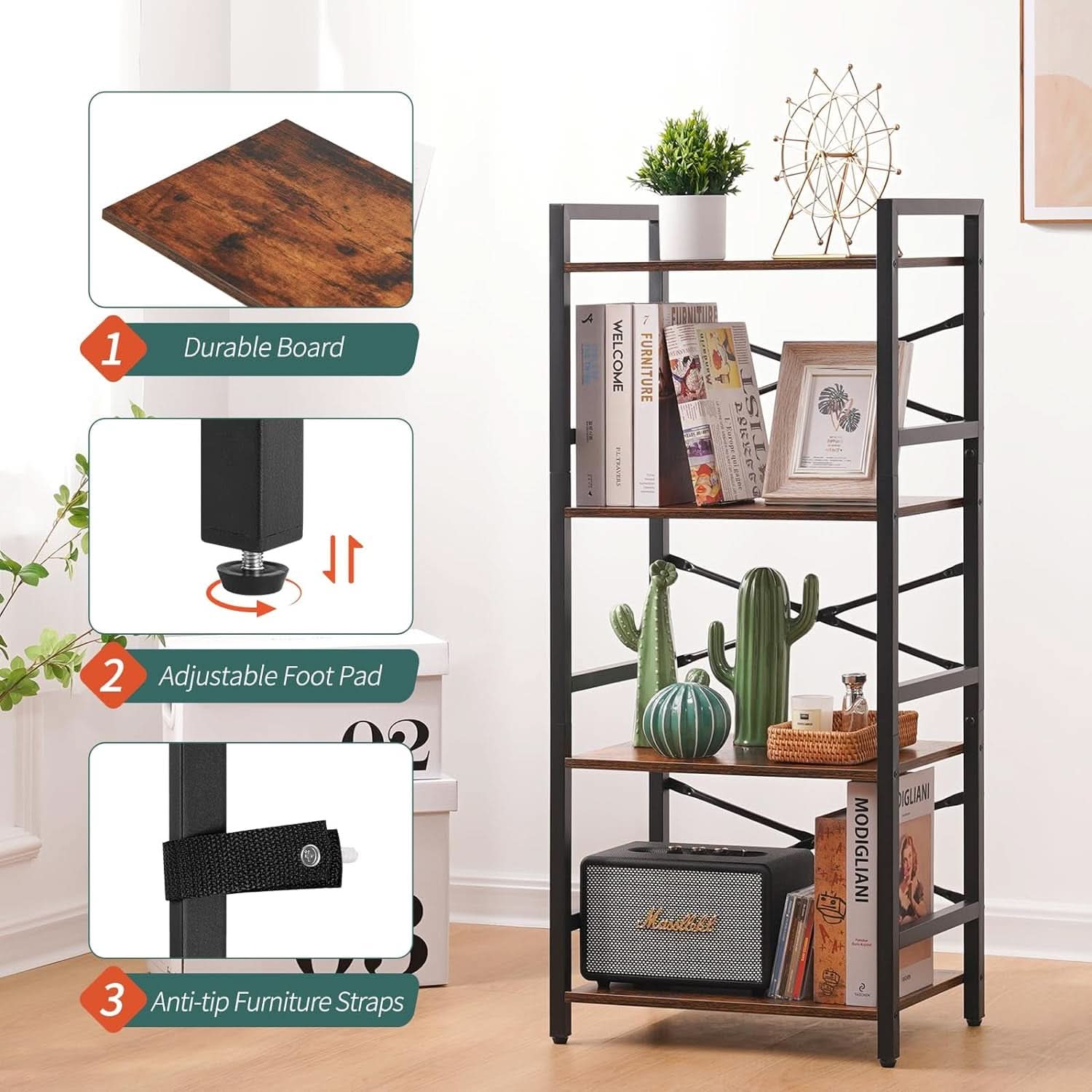 Industrial 4 Tier Narrow Bookcase Berry Brown Space Saving