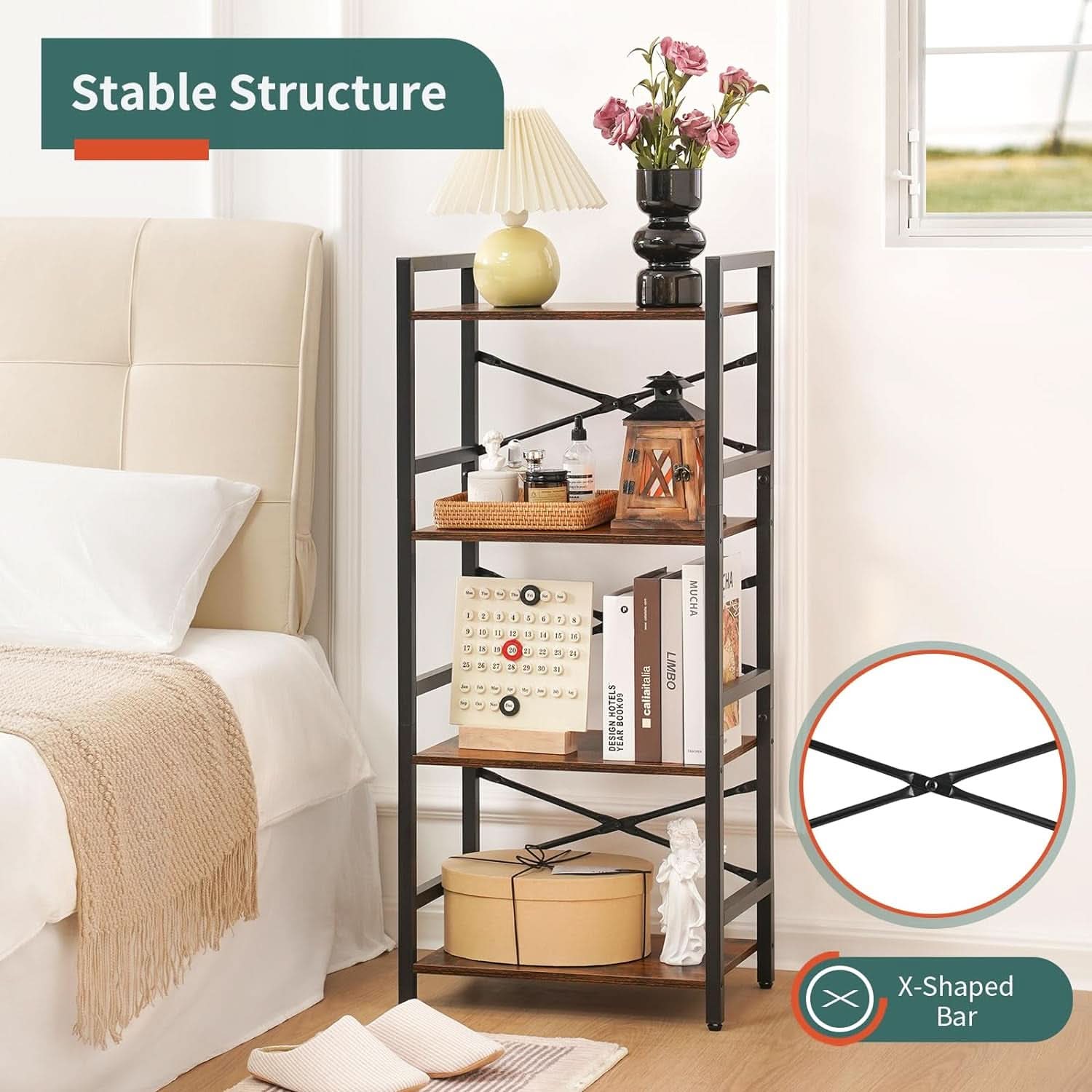 Industrial 4 Tier Narrow Bookcase Berry Brown Space Saving
