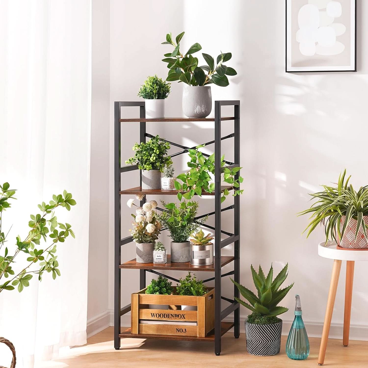Industrial 4 Tier Narrow Bookcase Berry Brown Space Saving