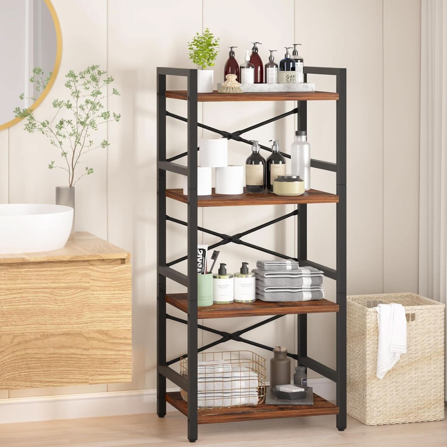 Industrial 4 Tier Narrow Bookcase Berry Brown Space Saving