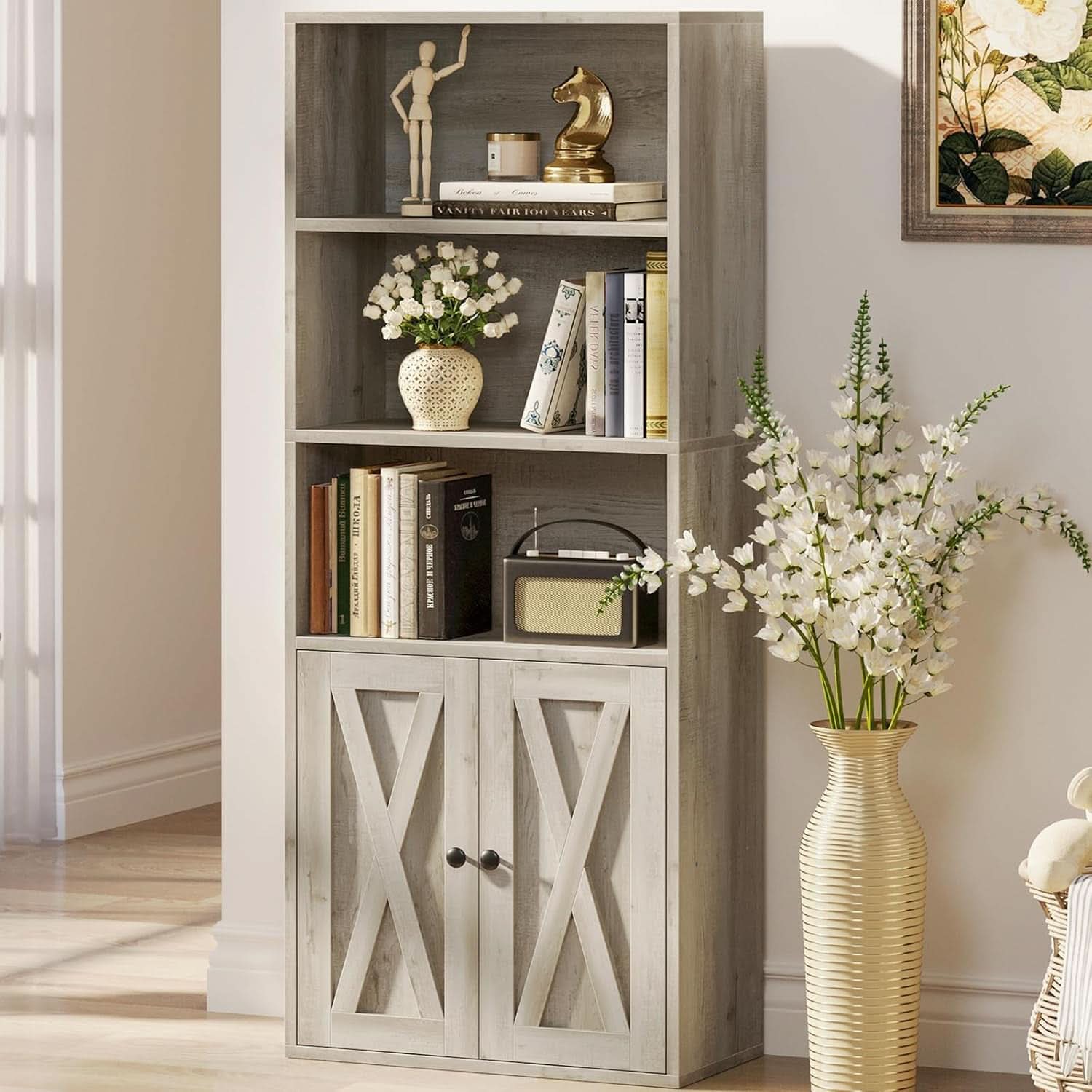 Industrial 5 Shelf Bookcase With Doors 11.8 Inch Depth
