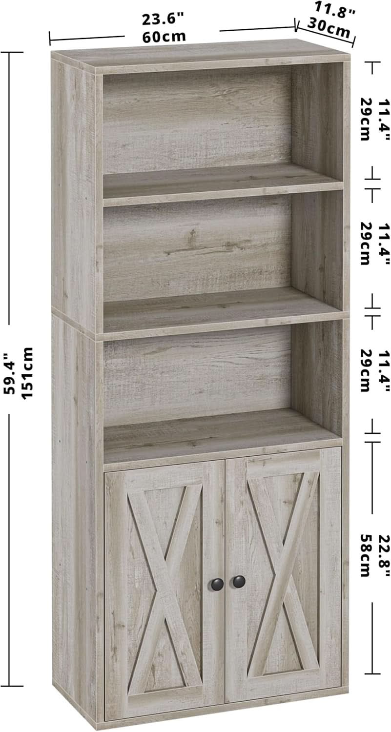 Industrial 5 Shelf Bookcase With Doors 11.8 Inch Depth