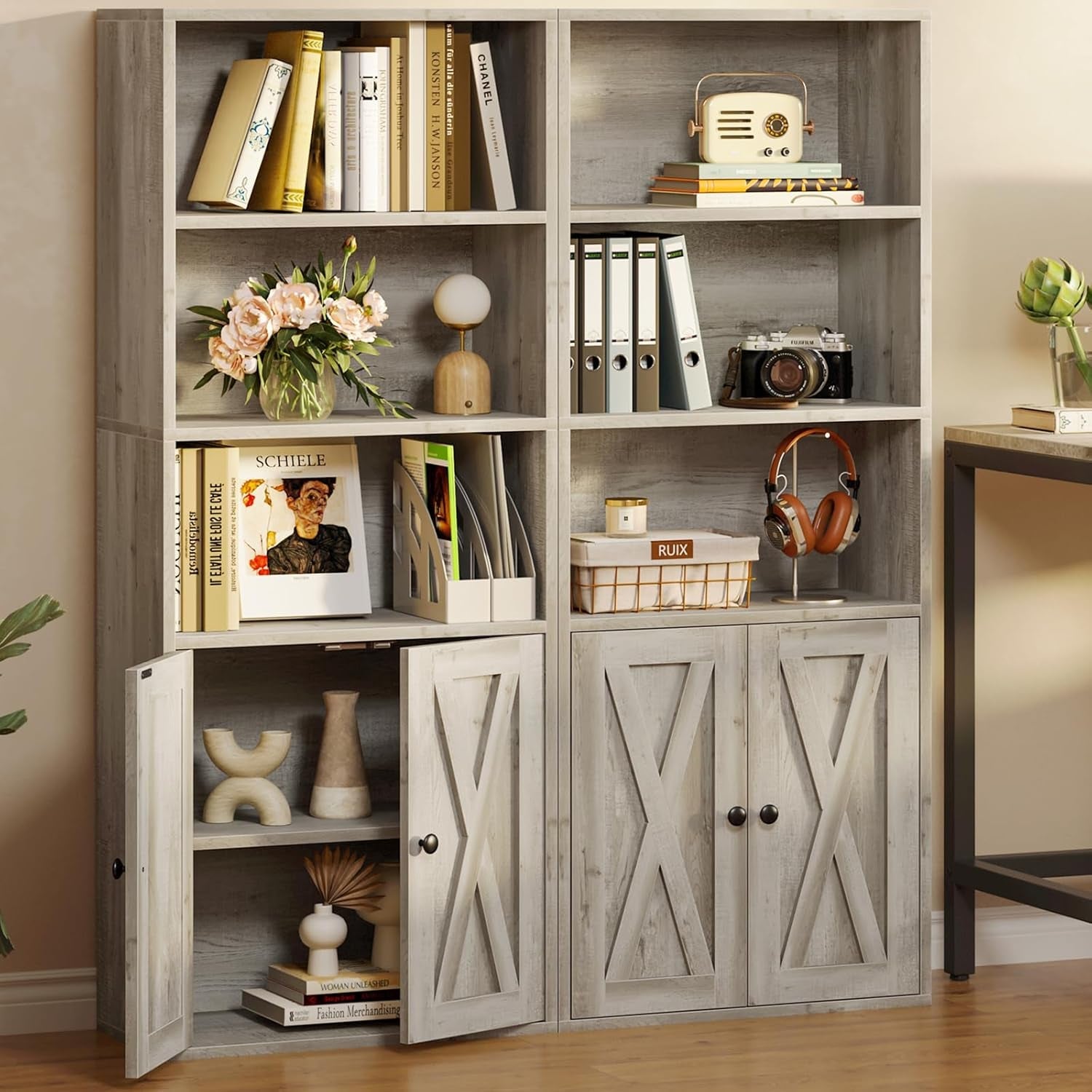 Industrial 5 Shelf Bookcase With Doors 11.8 Inch Depth