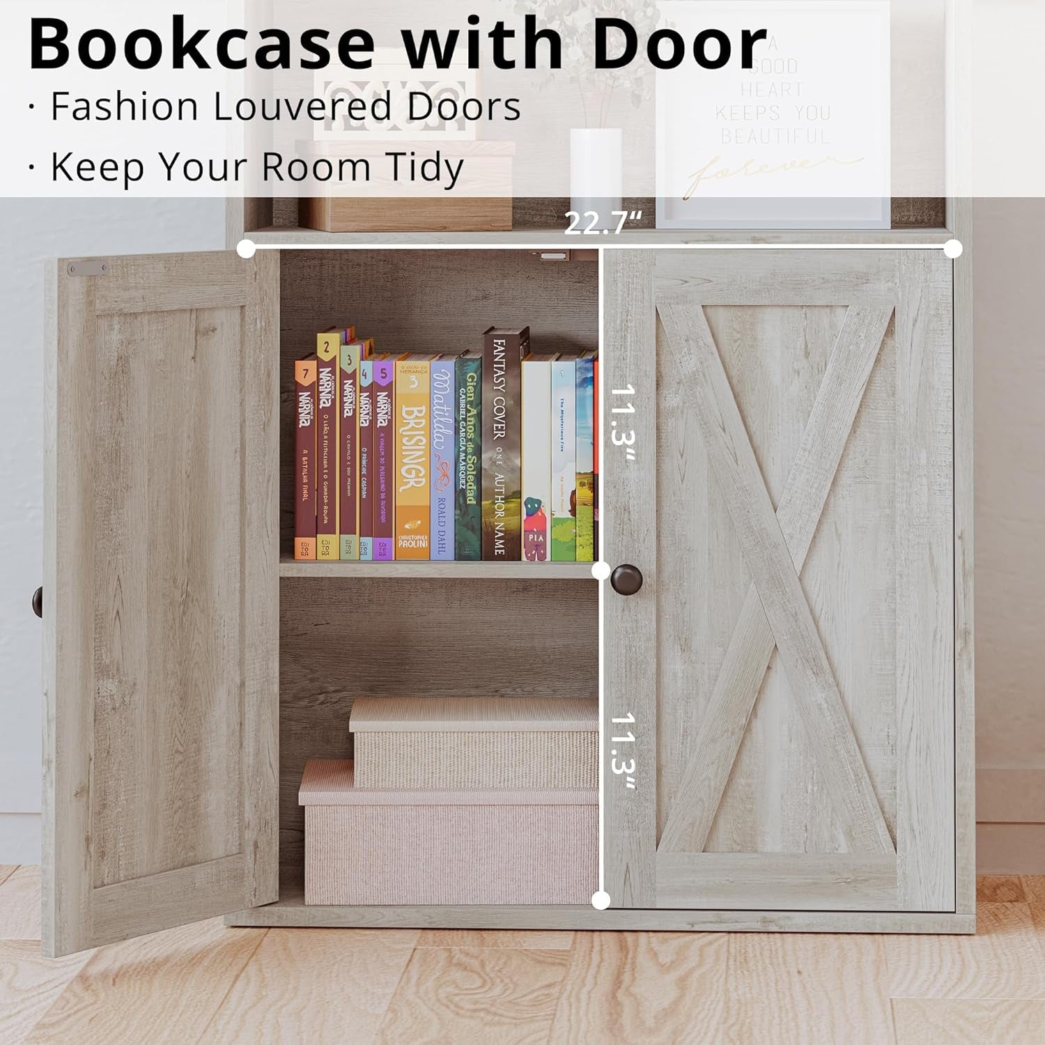 Industrial 5 Shelf Bookcase With Doors 11.8 Inch Depth