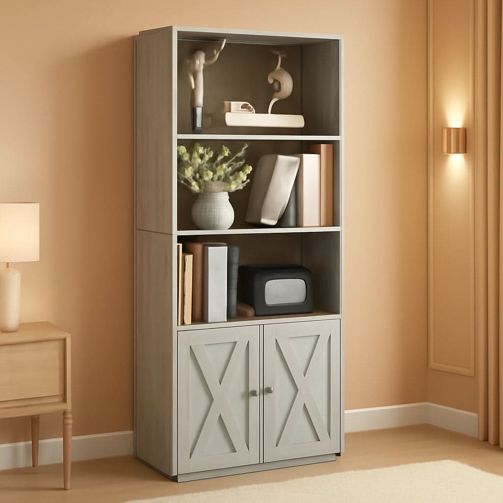 Industrial 5 Shelf Bookcase With Doors 11.8 Inch Depth