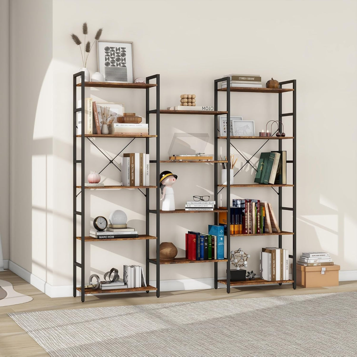 Industrial 5 Tier Bookshelf Brown Metal Frame Open Shelves