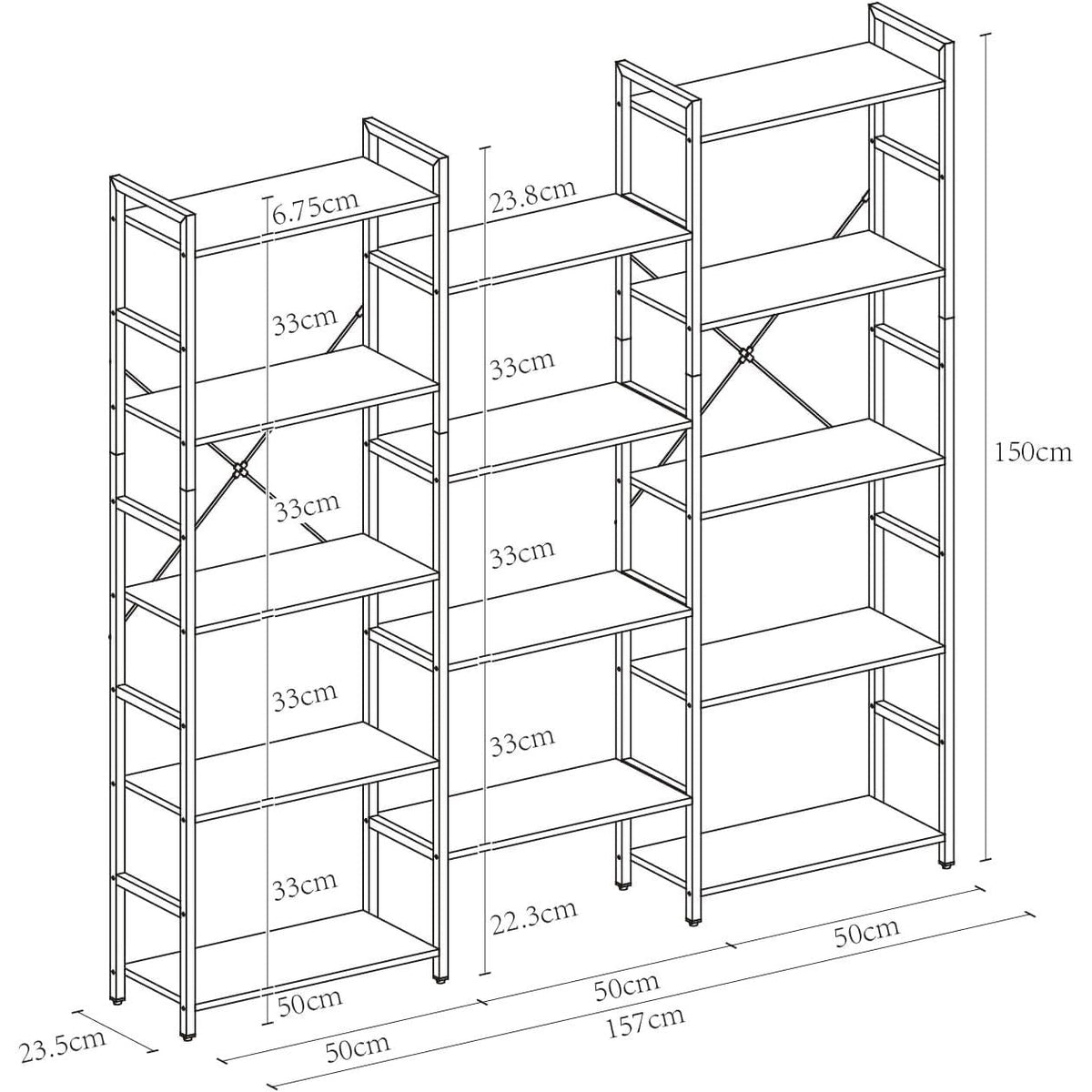 Industrial 5 Tier Bookshelf Brown Metal Frame Open Shelves