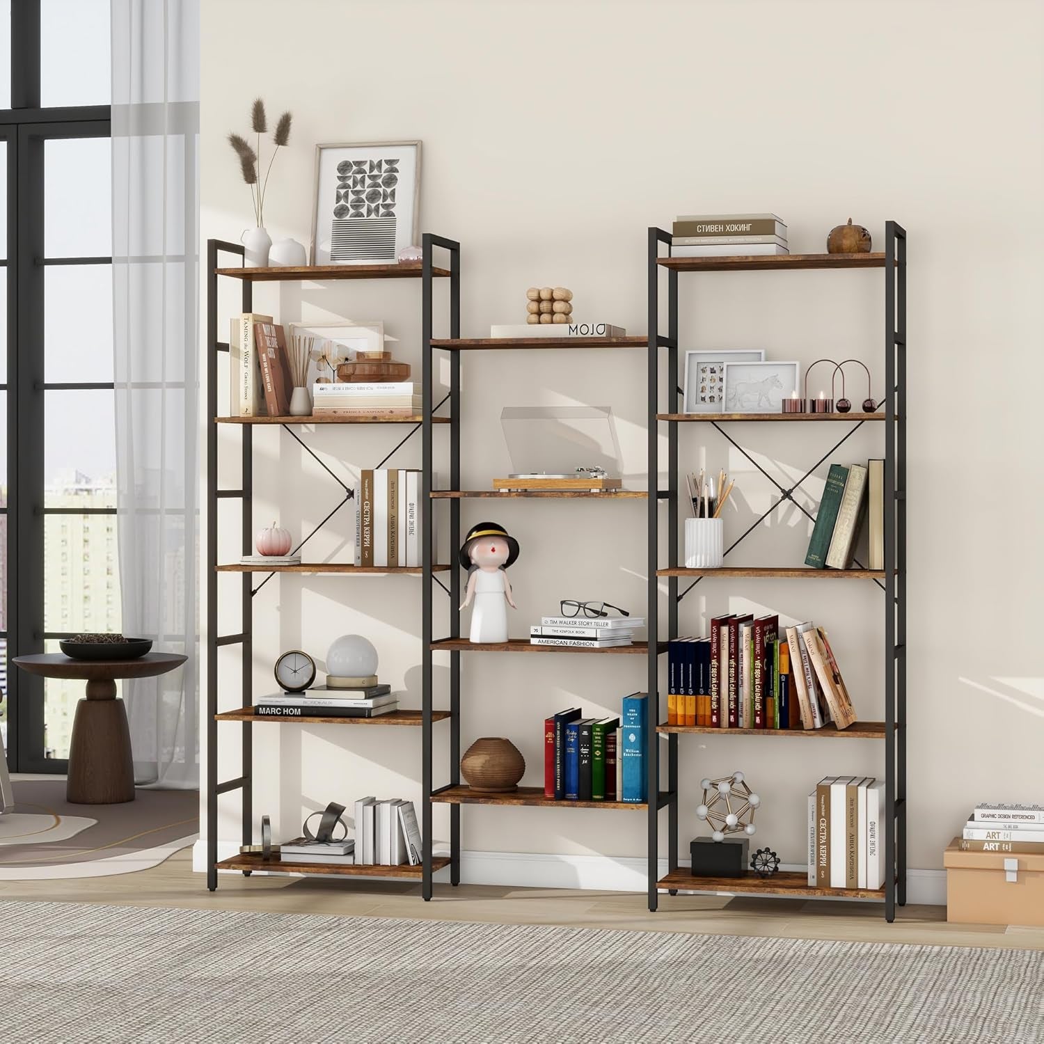 Industrial 5 Tier Bookshelf Brown Metal Frame Open Shelves