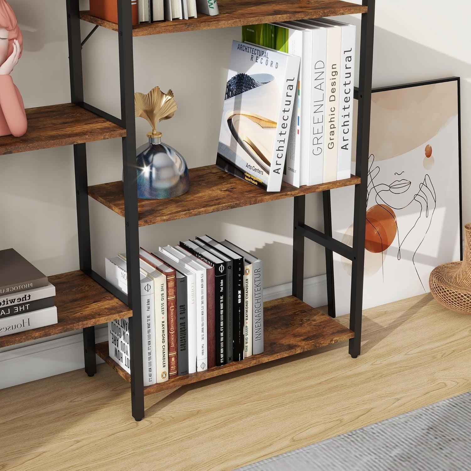 Industrial 5 Tier Bookshelf Brown Metal Frame Open Shelves