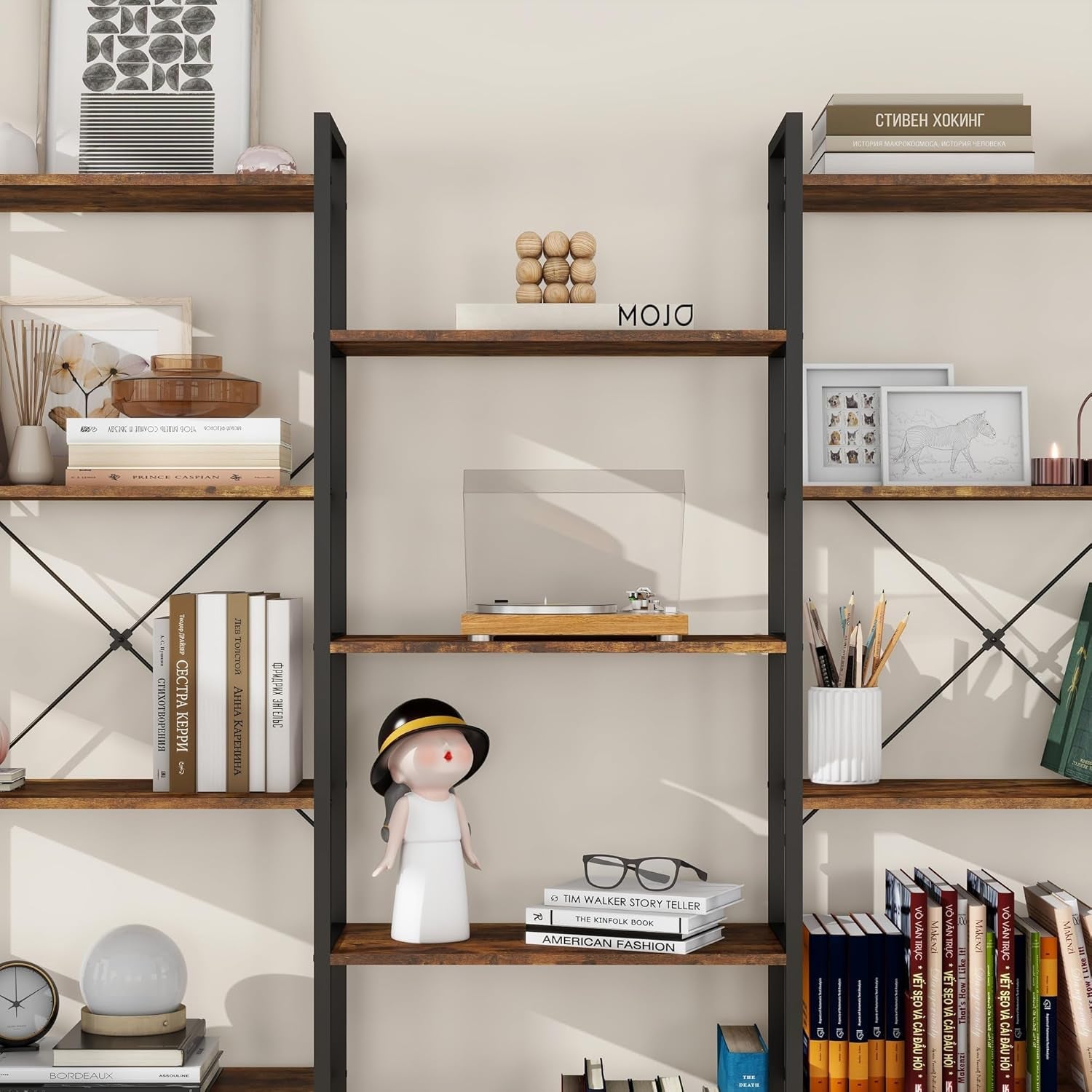 Industrial 5 Tier Bookshelf Brown Metal Frame Open Shelves