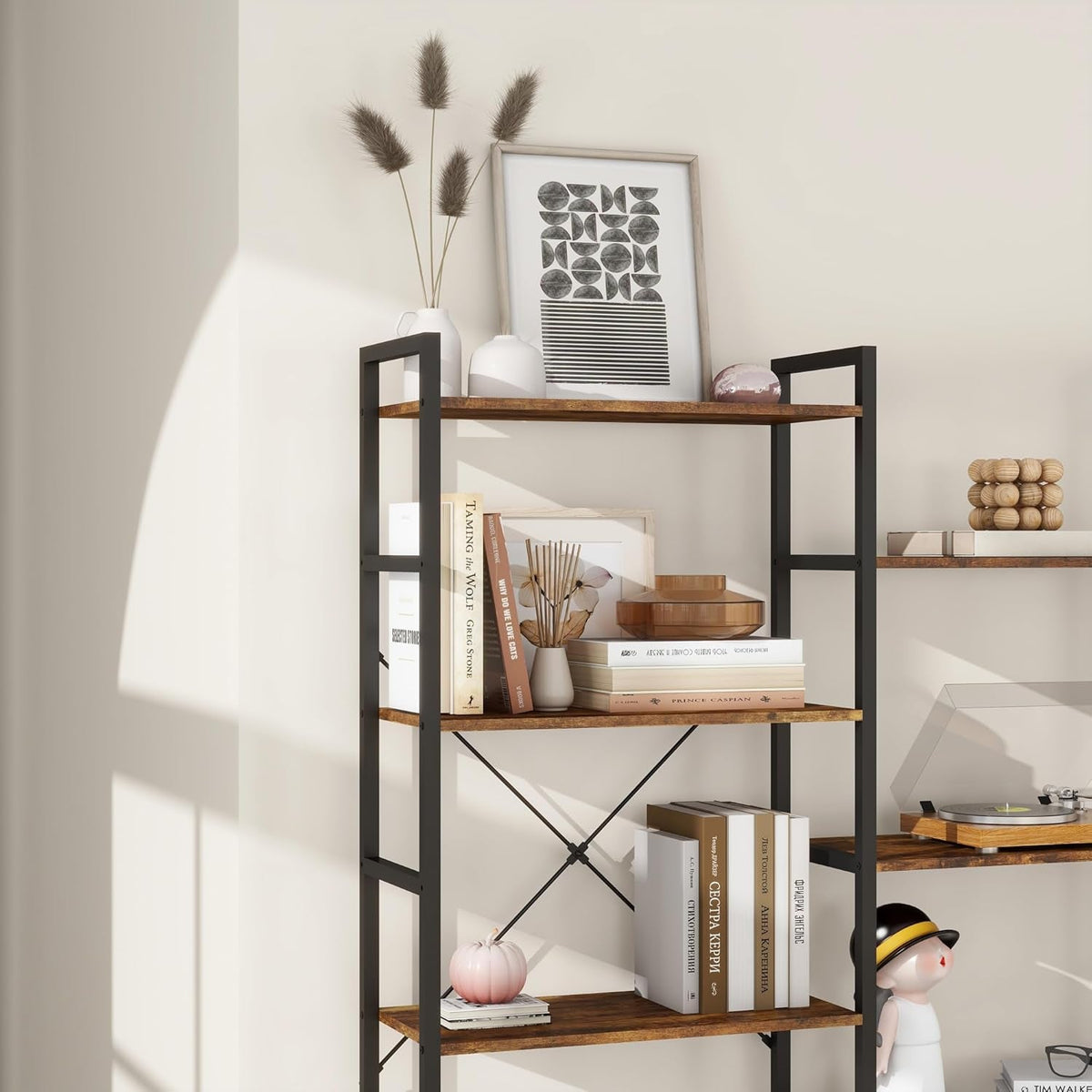 Industrial 5 Tier Bookshelf Brown Metal Frame Open Shelves