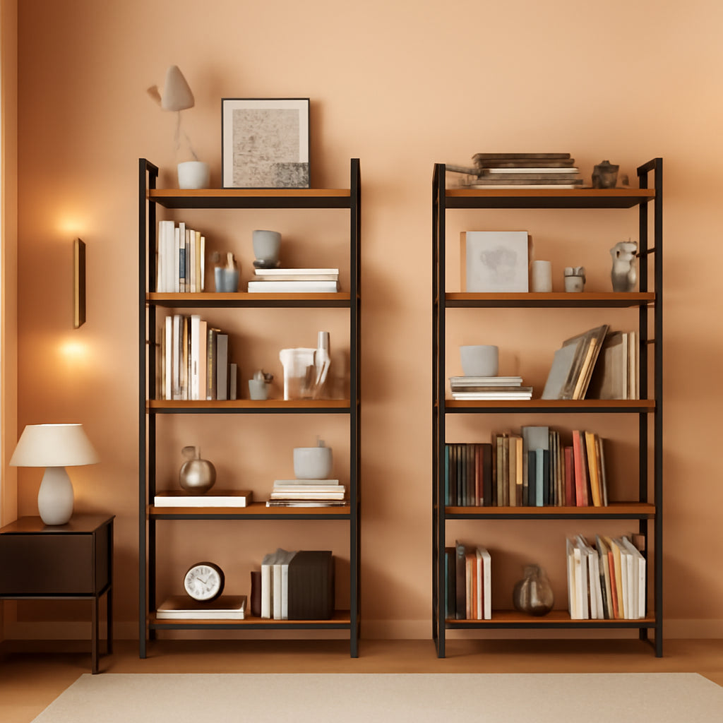 Industrial 5 Tier Bookshelf Brown Metal Frame Open Shelves