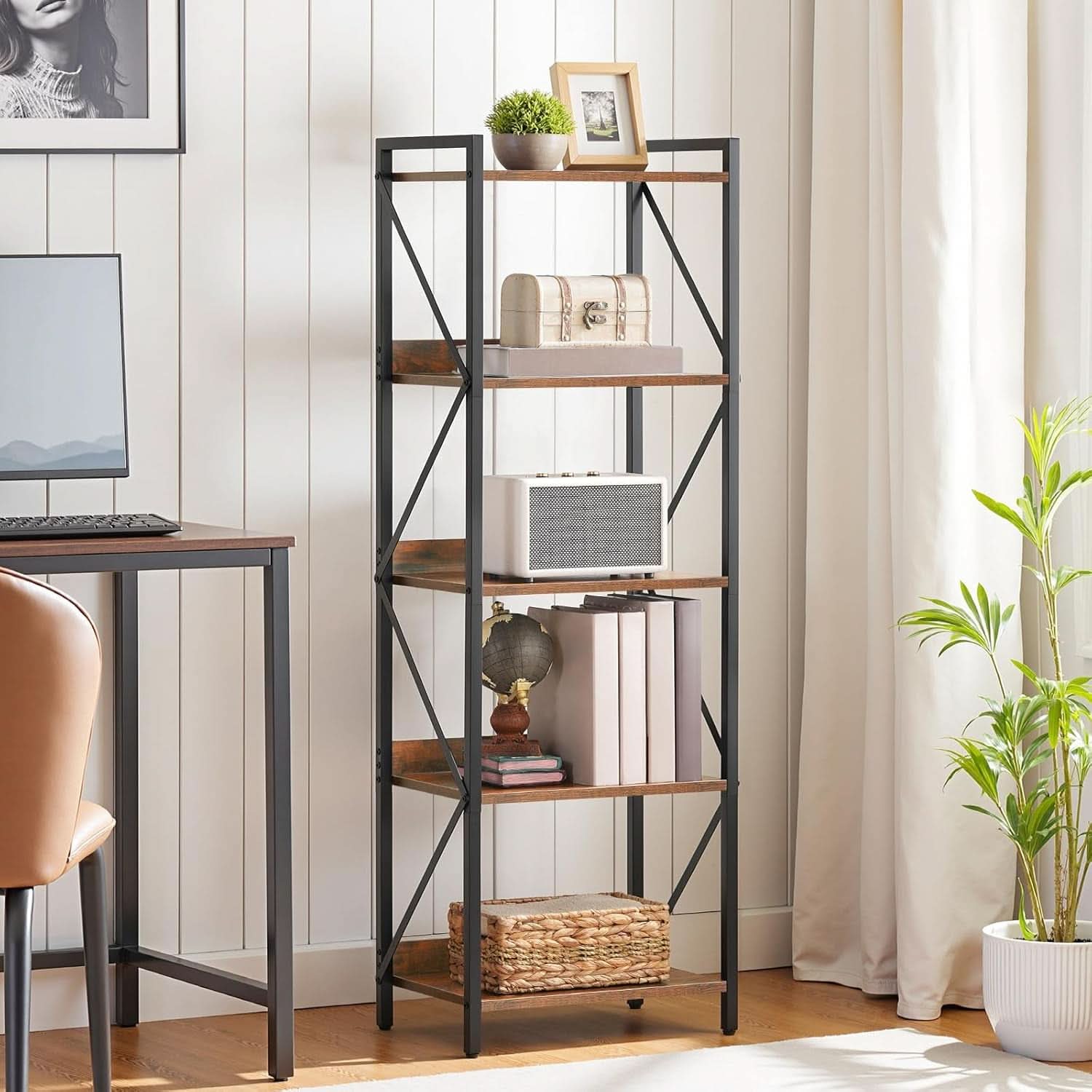 Industrial 5-Tier Bookshelf With Metal Frame 52-Inch Brown
