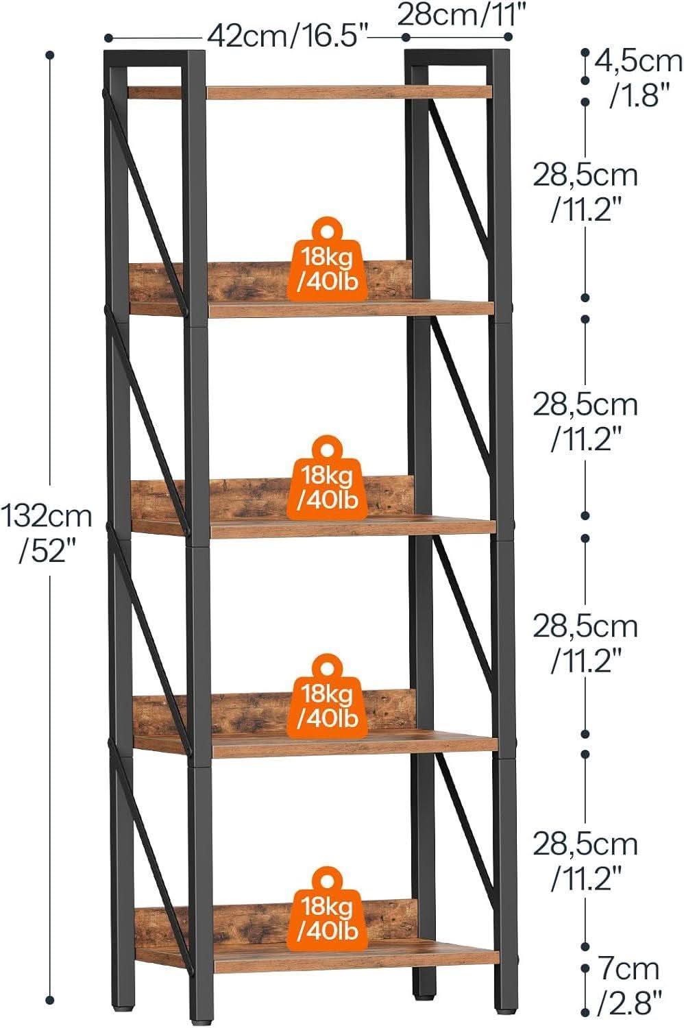 Industrial 5-Tier Bookshelf With Metal Frame 52-Inch Brown