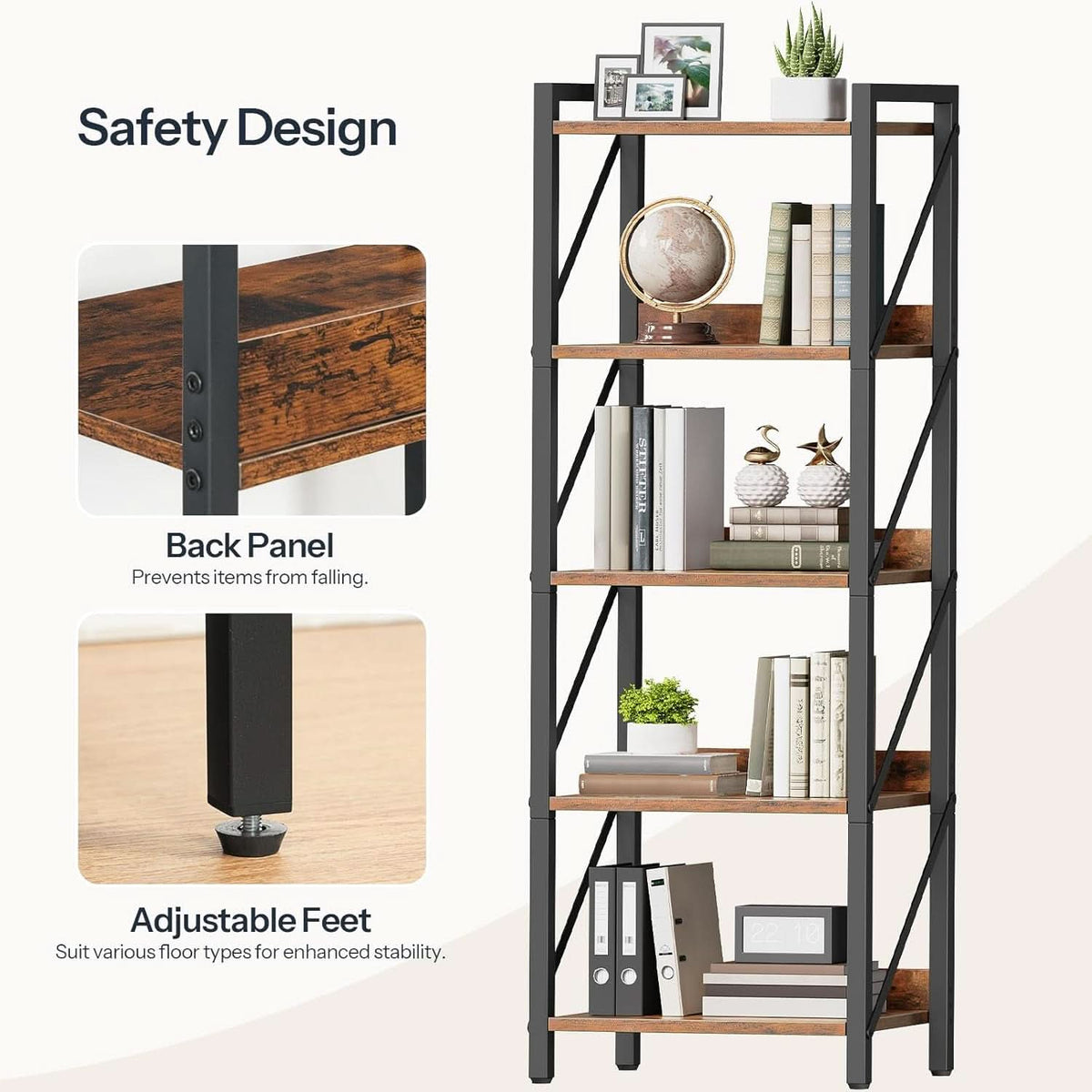 Industrial 5-Tier Bookshelf With Metal Frame 52-Inch Brown