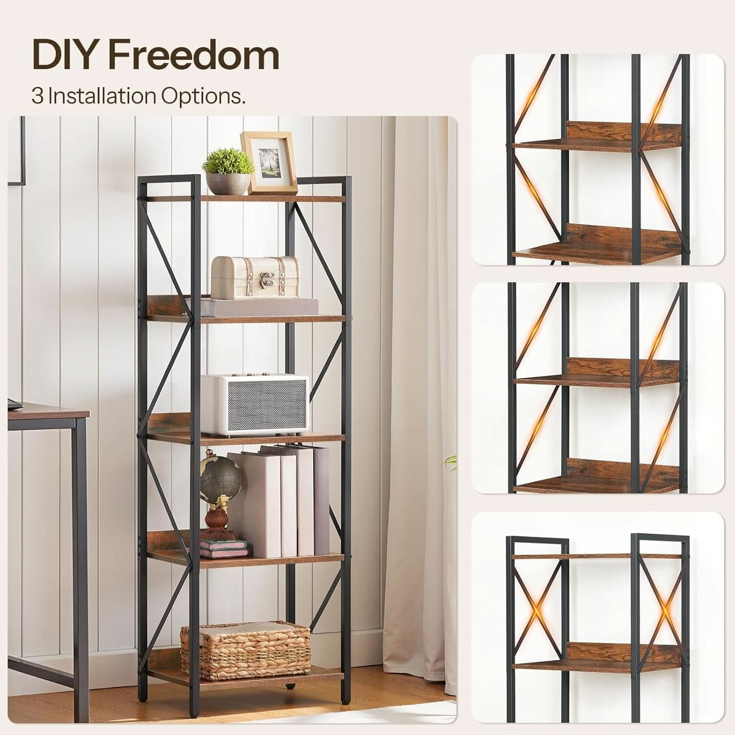 Industrial 5-Tier Bookshelf With Metal Frame 52-Inch Brown