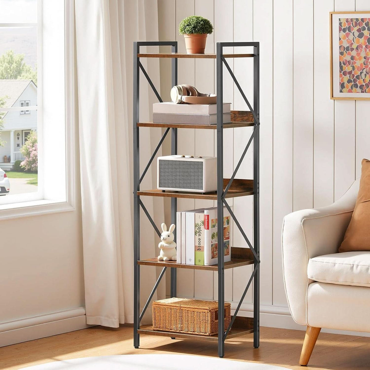 Industrial 5-Tier Bookshelf With Metal Frame 52-Inch Brown