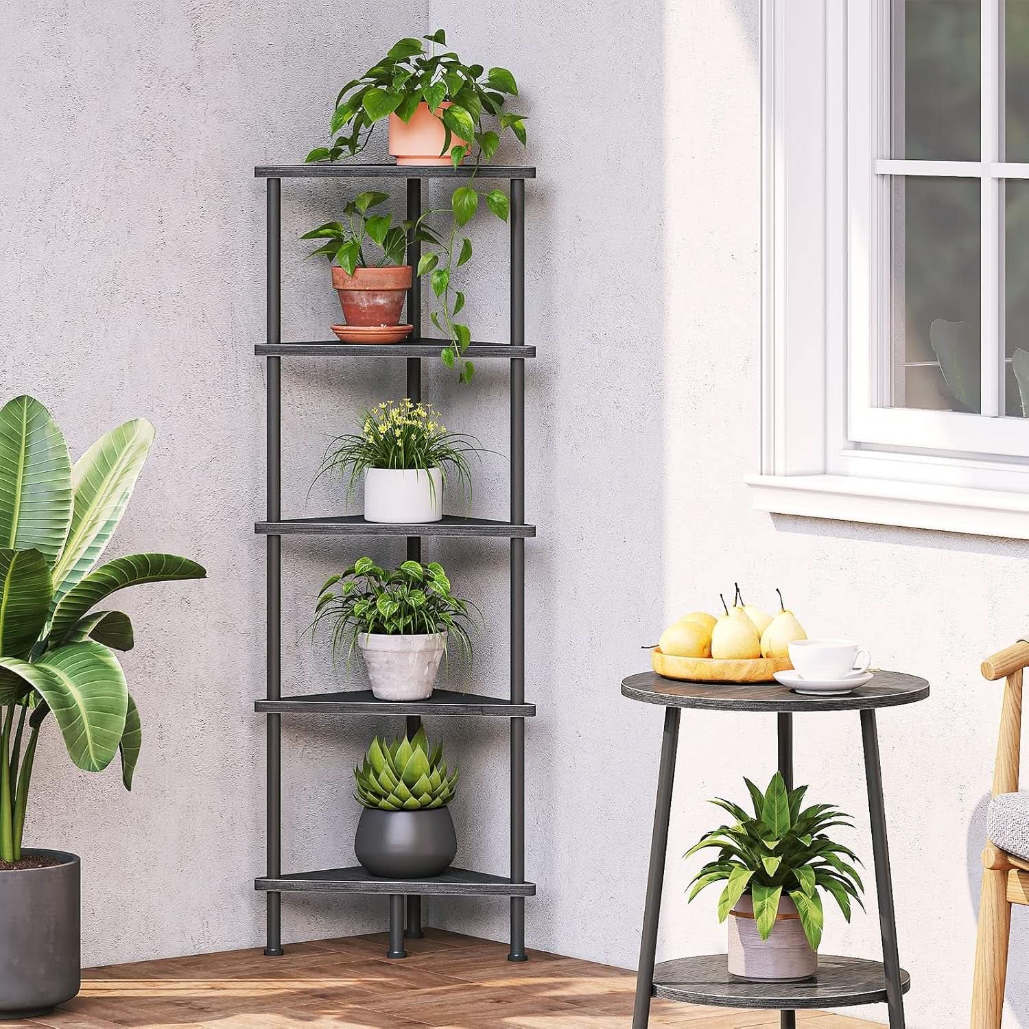 Industrial 5 Tier Corner Shelf Stand Black Metal Frame