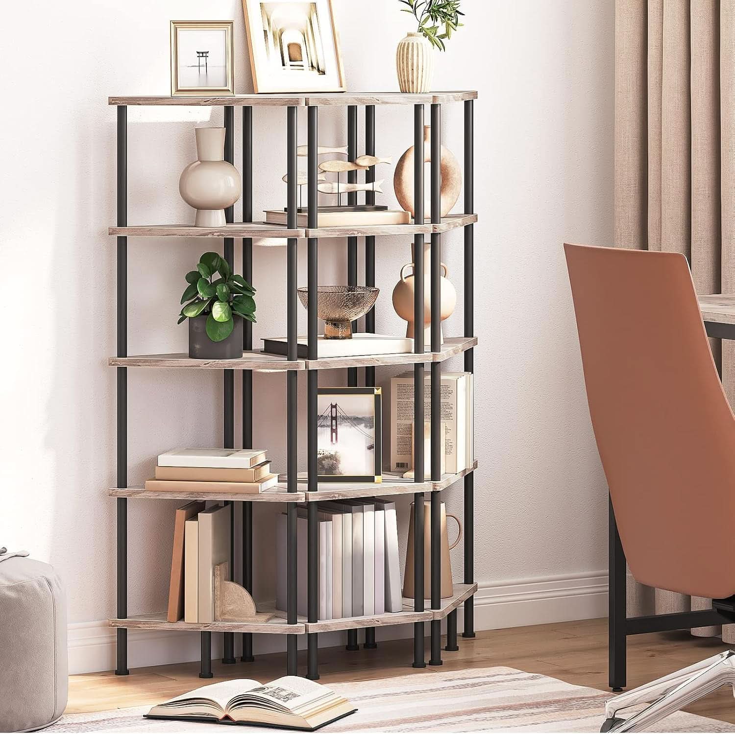 Industrial 5 Tier Corner Shelf Stand With Metal Frame