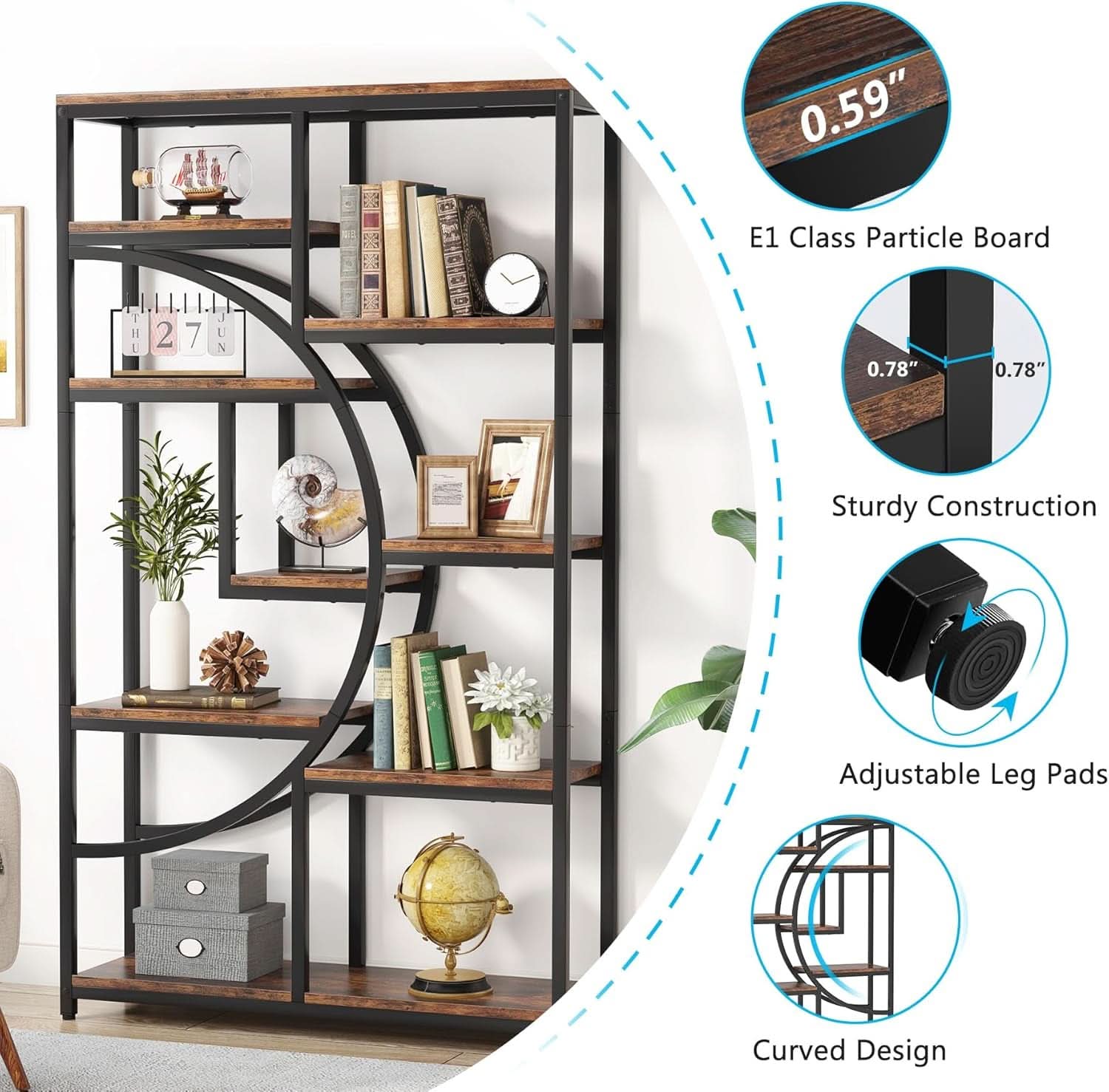 Industrial 5 Tier Etagere Bookcase Brown Rustic Finish
