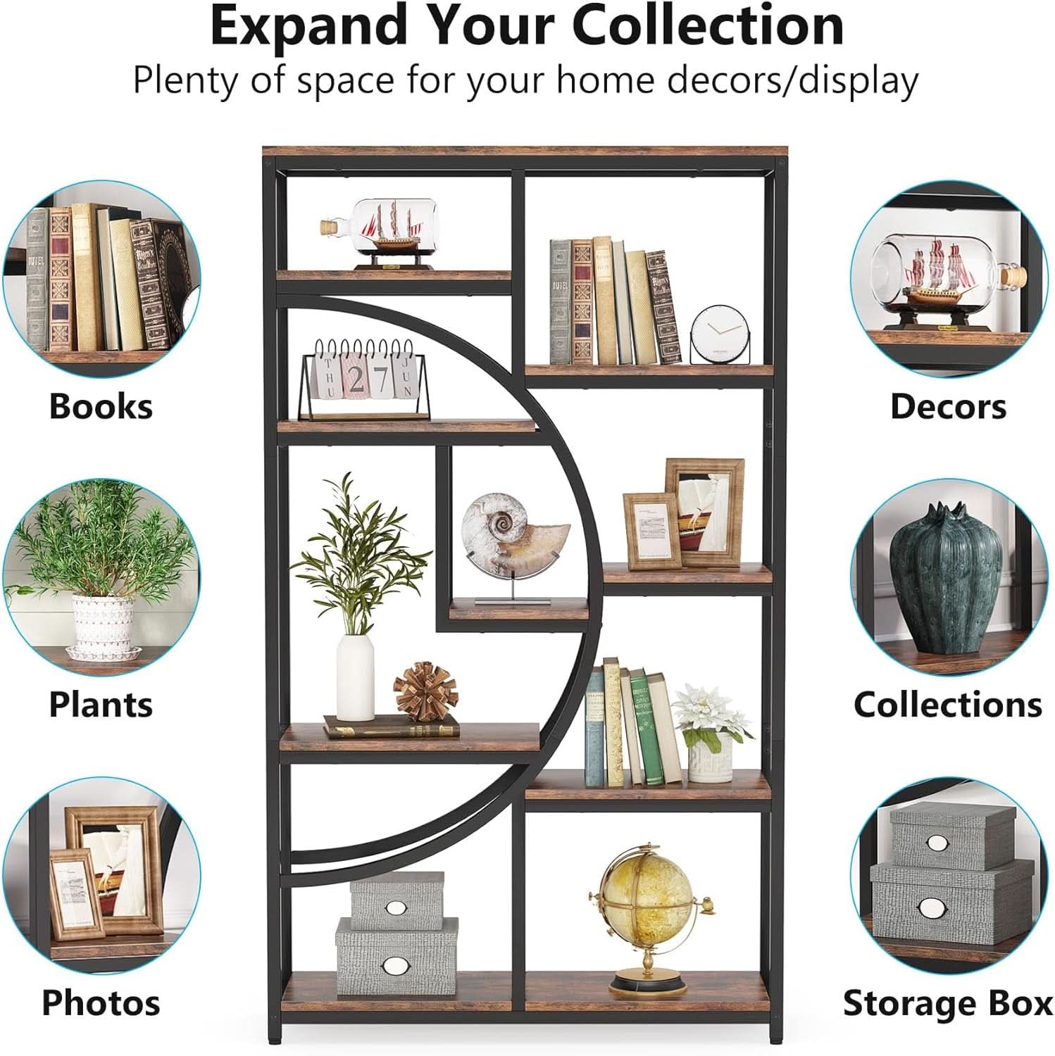 Industrial 5 Tier Etagere Bookcase Brown Rustic Finish