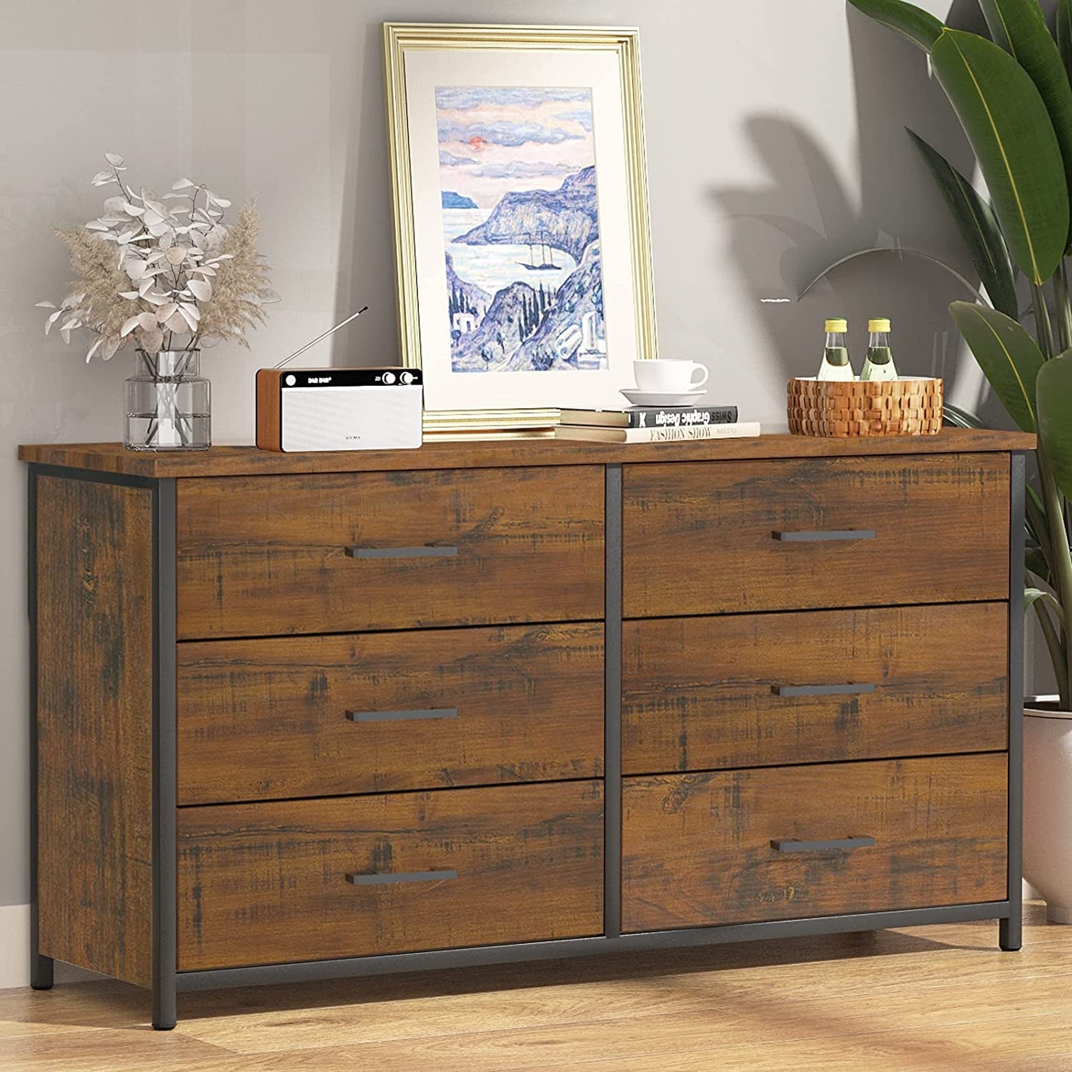 Industrial 6 Drawer Dresser in Walnut Brown Wood Finish