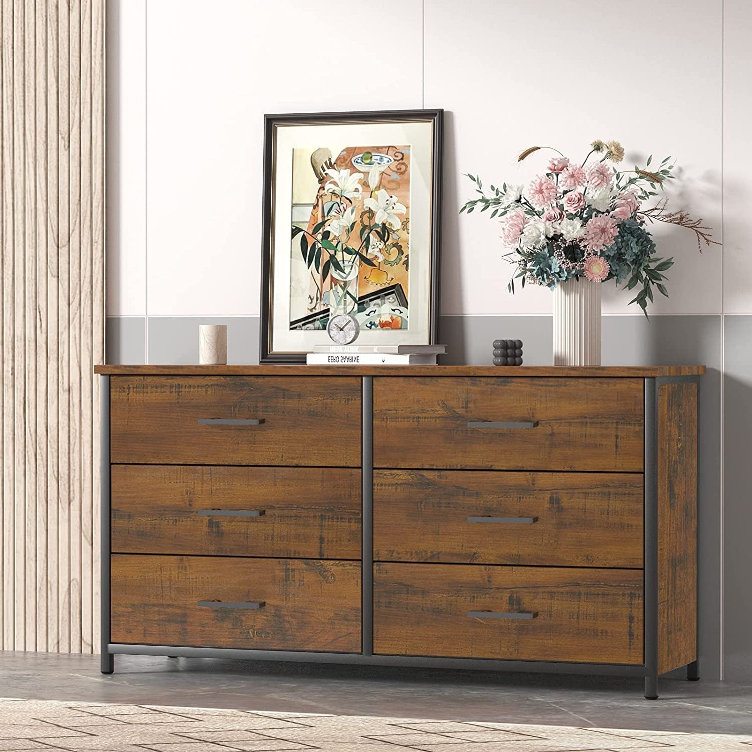 Industrial 6 Drawer Dresser in Walnut Brown Wood Finish