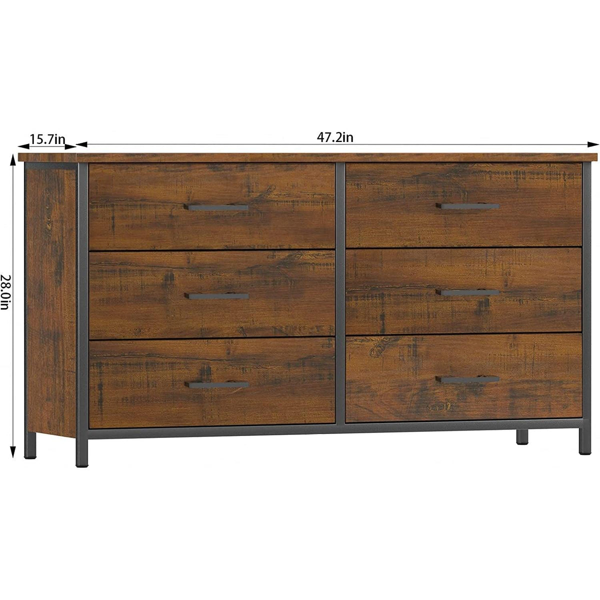 Industrial 6 Drawer Dresser in Walnut Brown Wood Finish