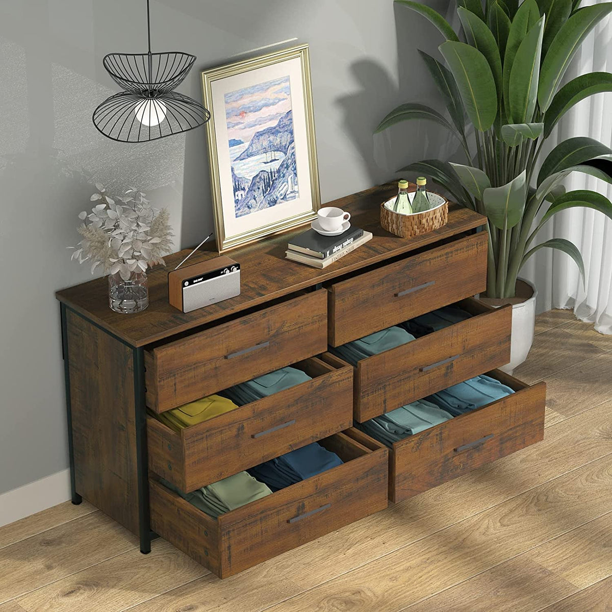 Industrial 6 Drawer Dresser in Walnut Brown Wood Finish