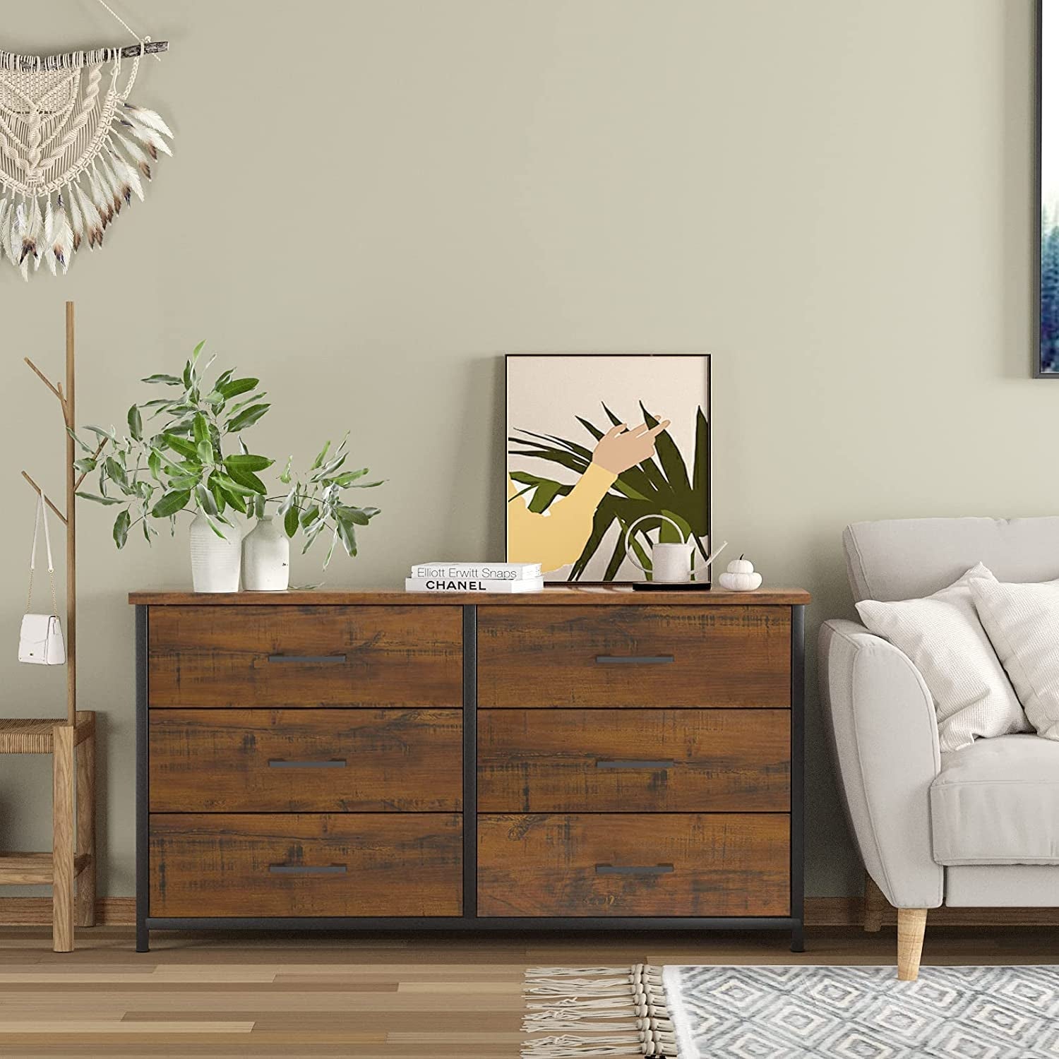 Industrial 6 Drawer Dresser in Walnut Brown Wood Finish